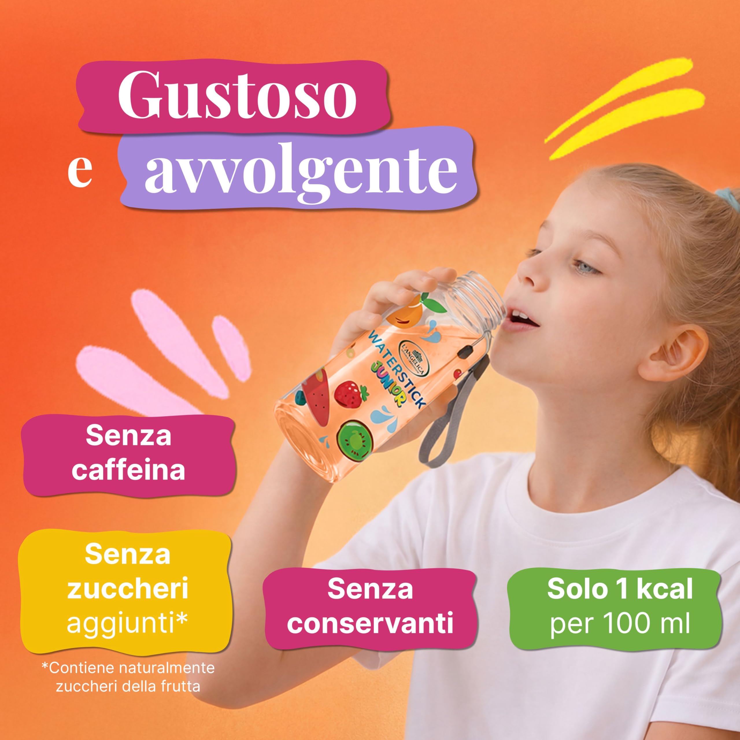 L'Angelica, Waterstick Junior, Gusto Tè alla Pesca Deteinato, Con Frutta, Vitamine, Zero Zuccheri Aggiunti, 6 Astucci da 12 Stick