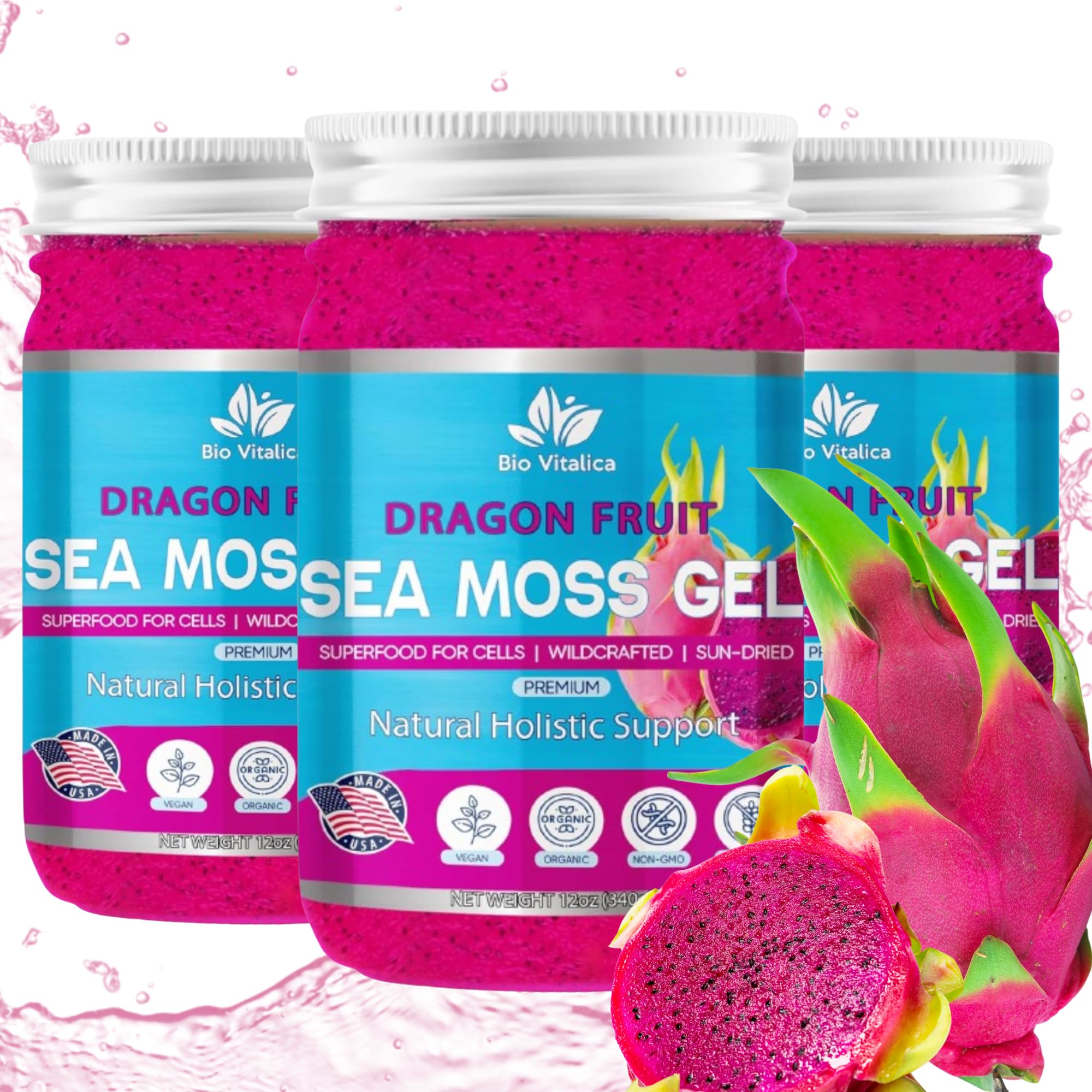 Sea Moss Gel by BioVitalica - Irish sea Moss raw Organic - Premium Quality - Dr Sebi, Vegan superfood for Cells - 100% Natural Seamoss Gel (Pack of 3, Dragon)