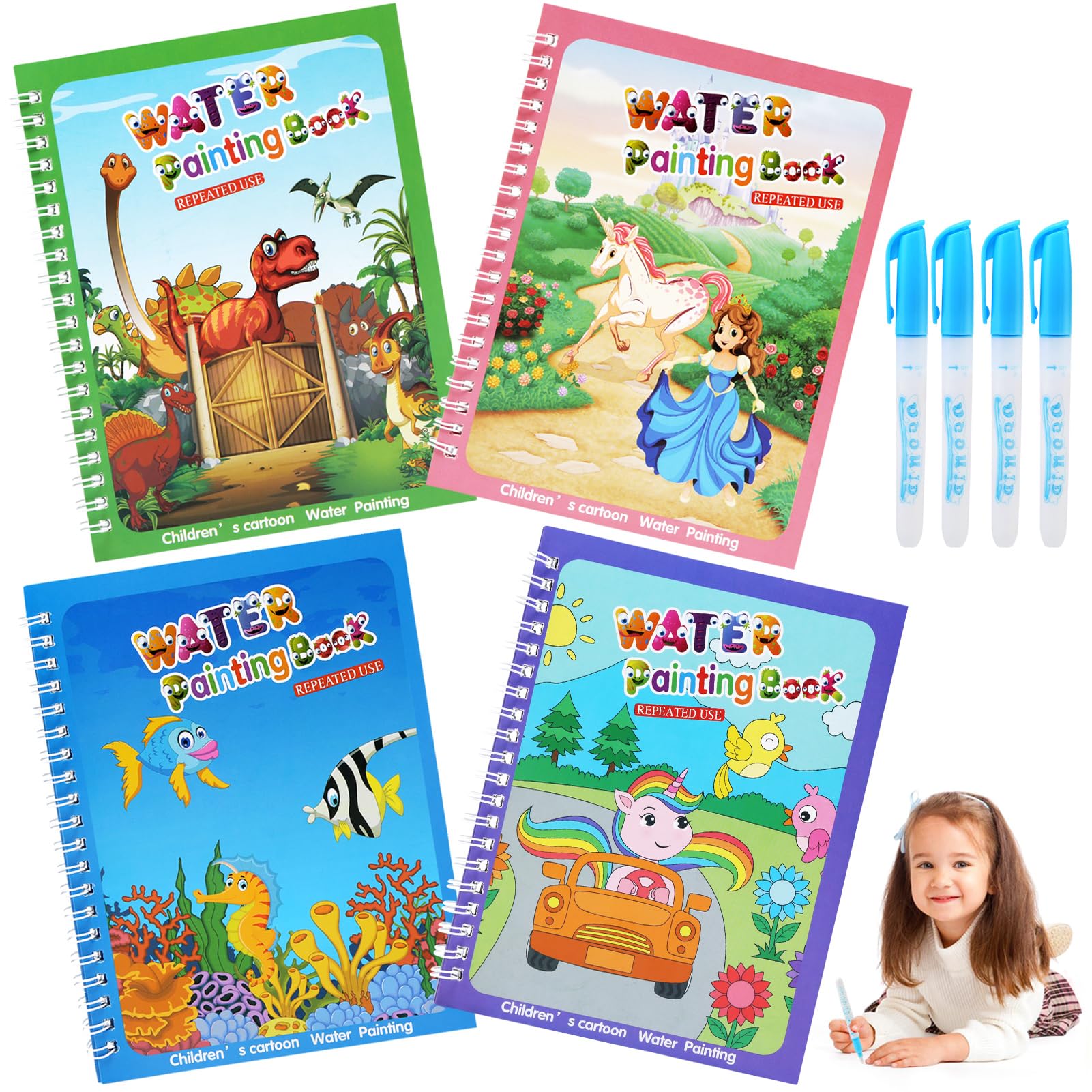 BelleStyle Magic Water Colouring Books, 4 Pieces Mess Free Water Painting Books for Children with 4 Water Pens