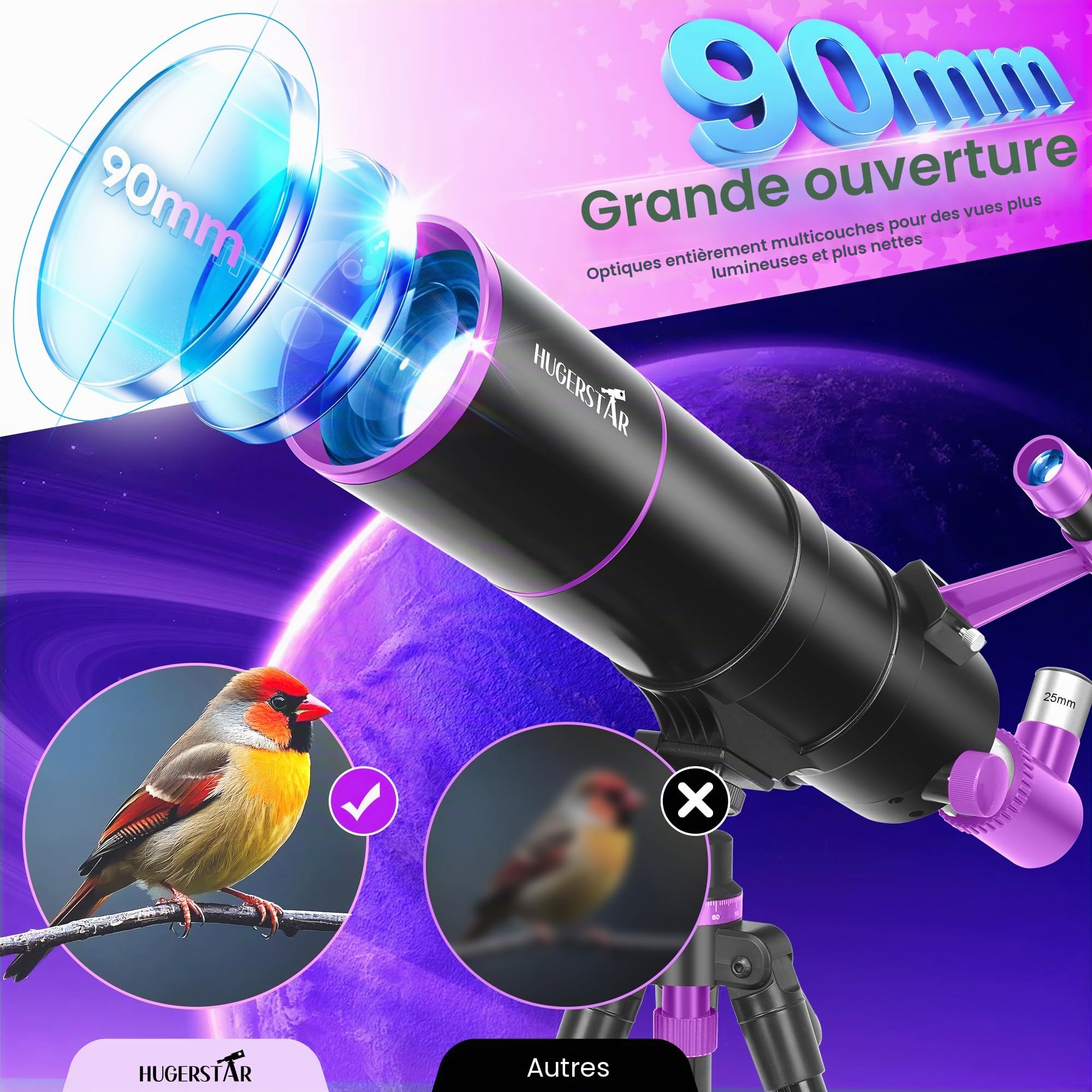 Télescope Astronomique Professionnel pour Adultes et Enfants Débutants, 90/550 mm Télescope Réfracteur Portable avec Trépied, Filtre Lunaire, Adaptateur de Téléphone & Sac de Transport