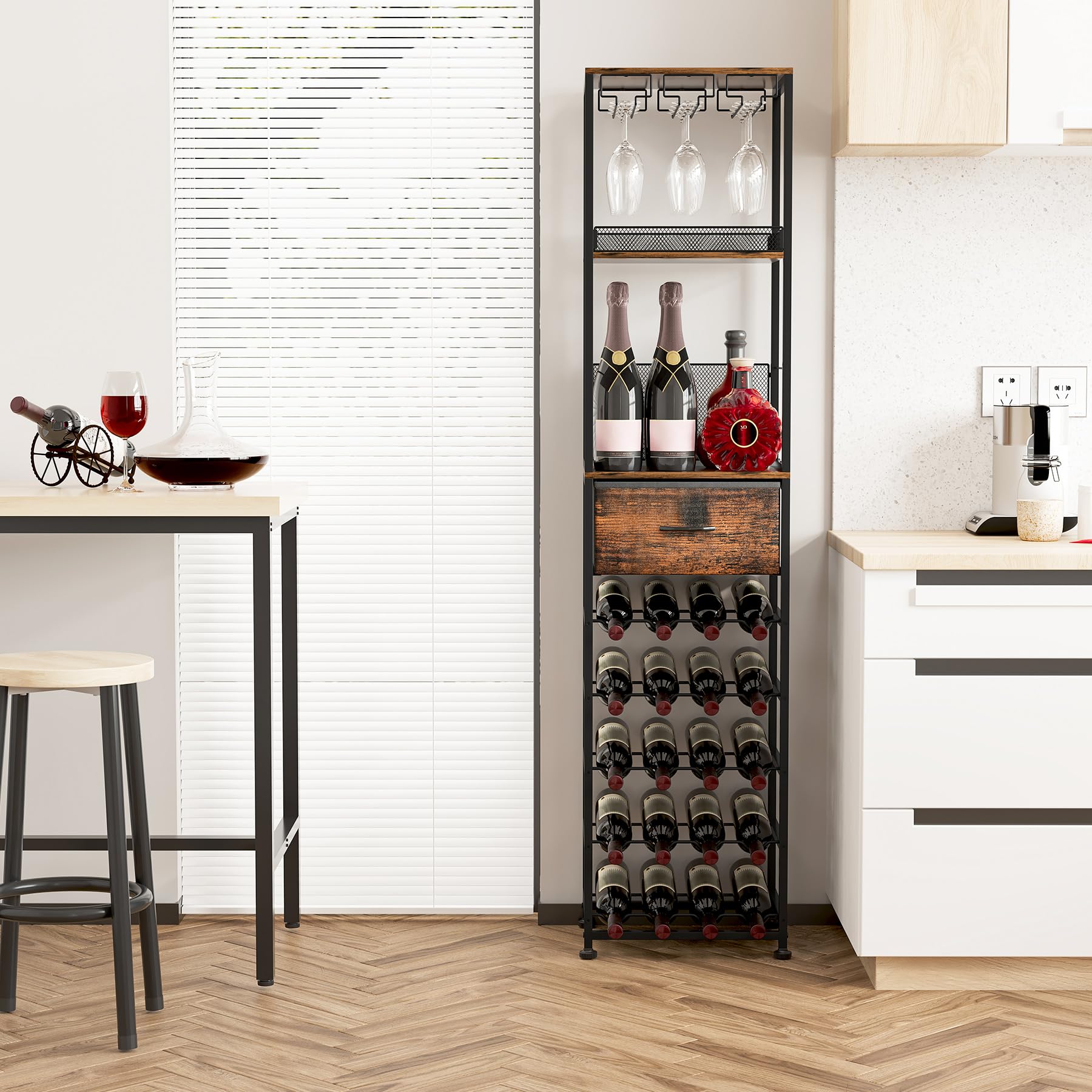 TQVAI Weinregal Holz Freistehend 7-Stöckiges Weinflaschenhalter Halterung für 40 Flaschen Weinhalter mit Schubladen Aufbewahrungssystem für Bar Wohnzimmer Küchen Regal Barschrank, Schwarz/Antik