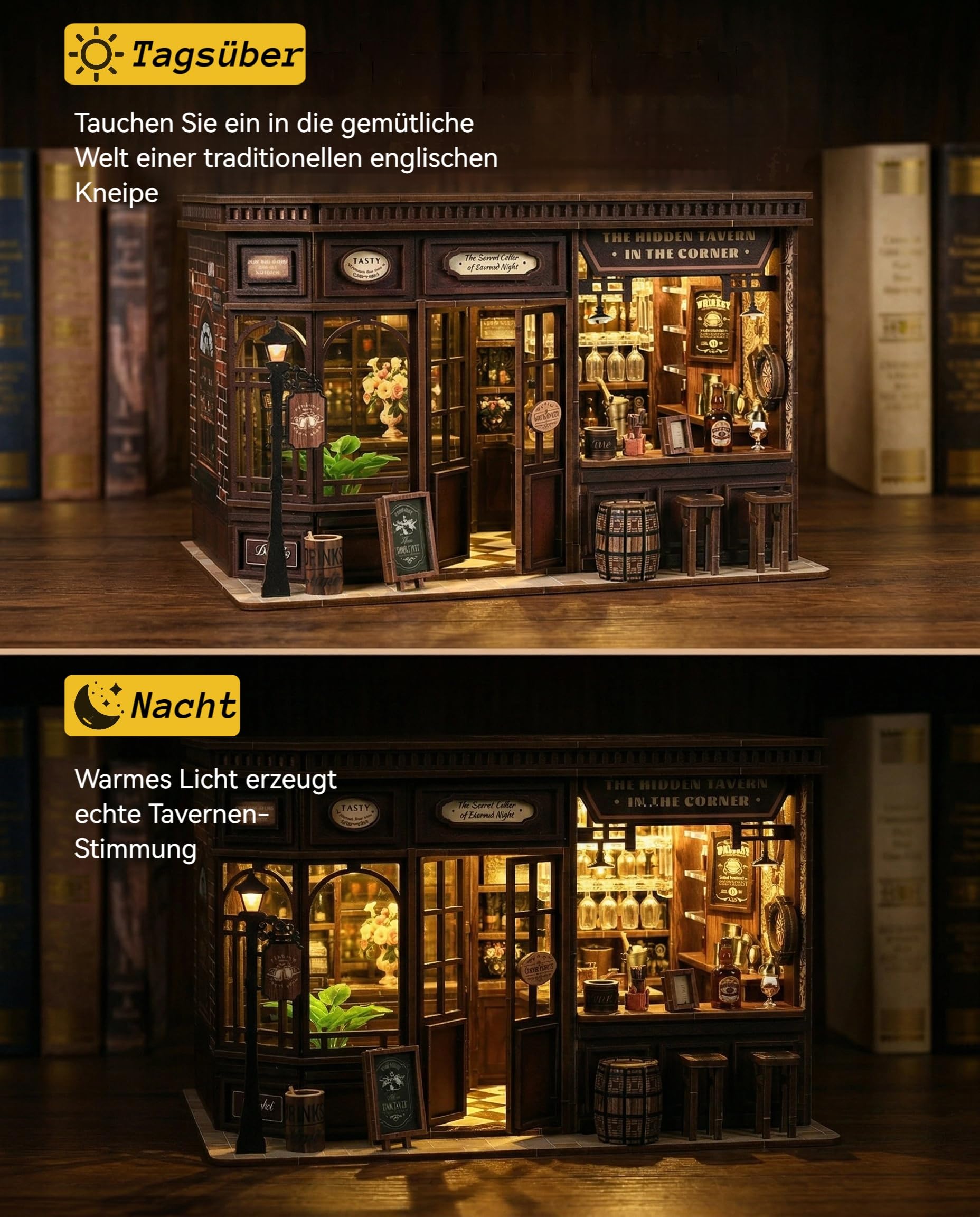 Book Nook Kit Taverne DIY Holz – 3D Puzzle Miniatur Haus mit LED Licht & Touch Sensor – Vintage Kneipe Bücherregal Deko & Buchstütze – Einsteigerfreundlich Geschenk für Erwachsene (Taverne)