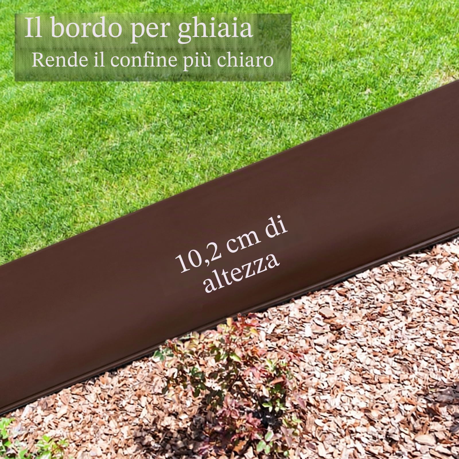 Bordo flessibile da giardino, 10 m, altezza 10 cm, in plastica, per giardini e prati, con 50 paletti, per aiuole, divisori paesaggistici, marciapiedi, resistente alle intemperie, marrone