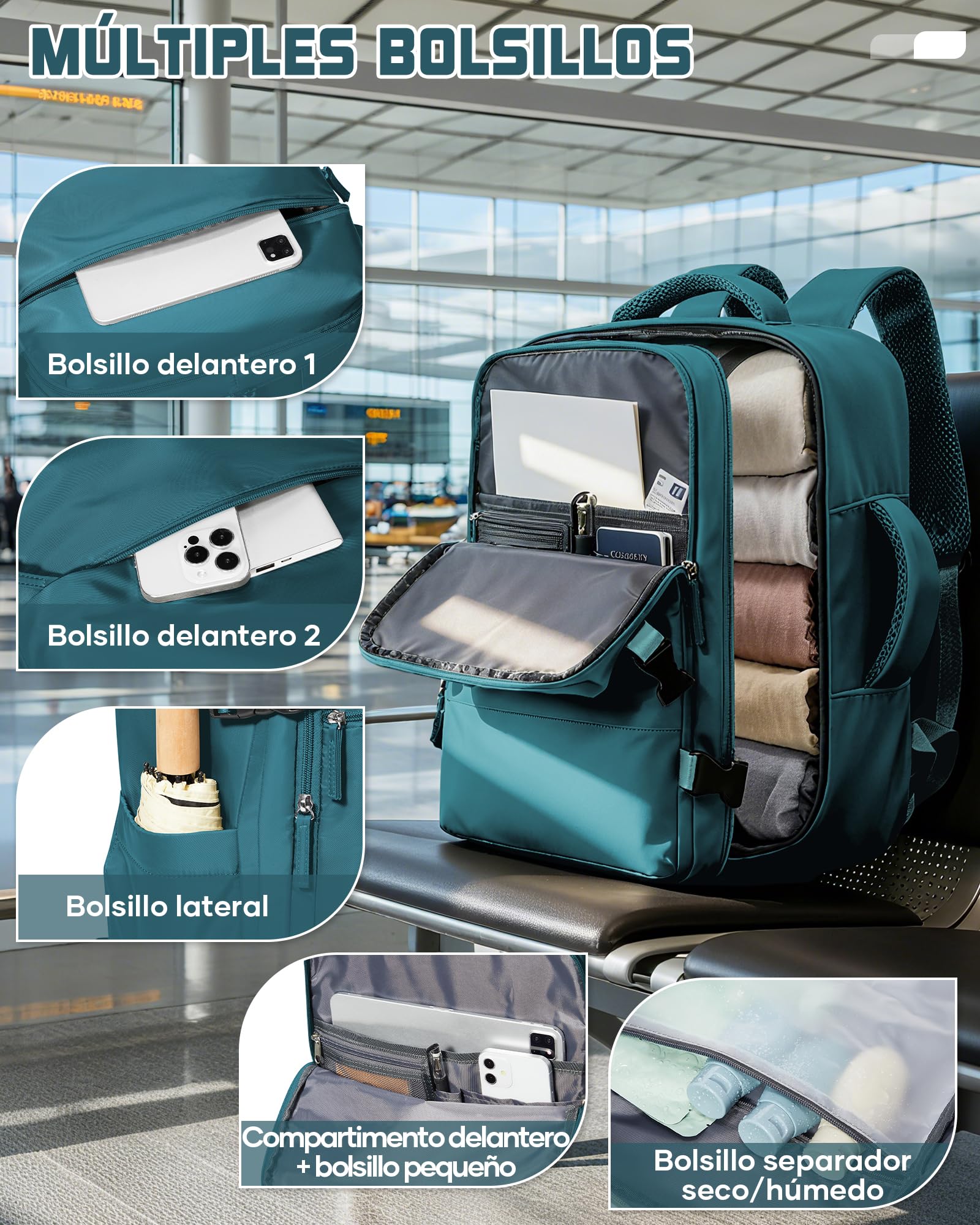 suradar Mochila Viaje Cabina Avion 40x30x20 para Ryanair, Wizz, Vueling Bolsa Viaje 40x30x20 Equipaje de Mano Mochila Portatil 15,6 Pulgadas Mochilas para Trabajo Colegio Hombre Mujer Azul Pavo Real