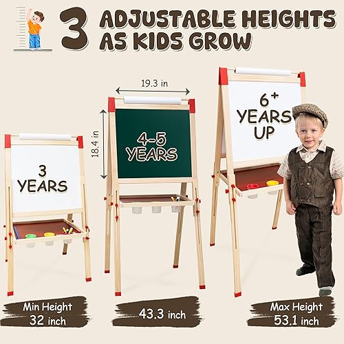 Miniatura 4 de Caballete de arte para niños, 115 accesorios para niños, caballete de madera, pizarra magnética ajustable de doble cara de borrado en seco y rollo