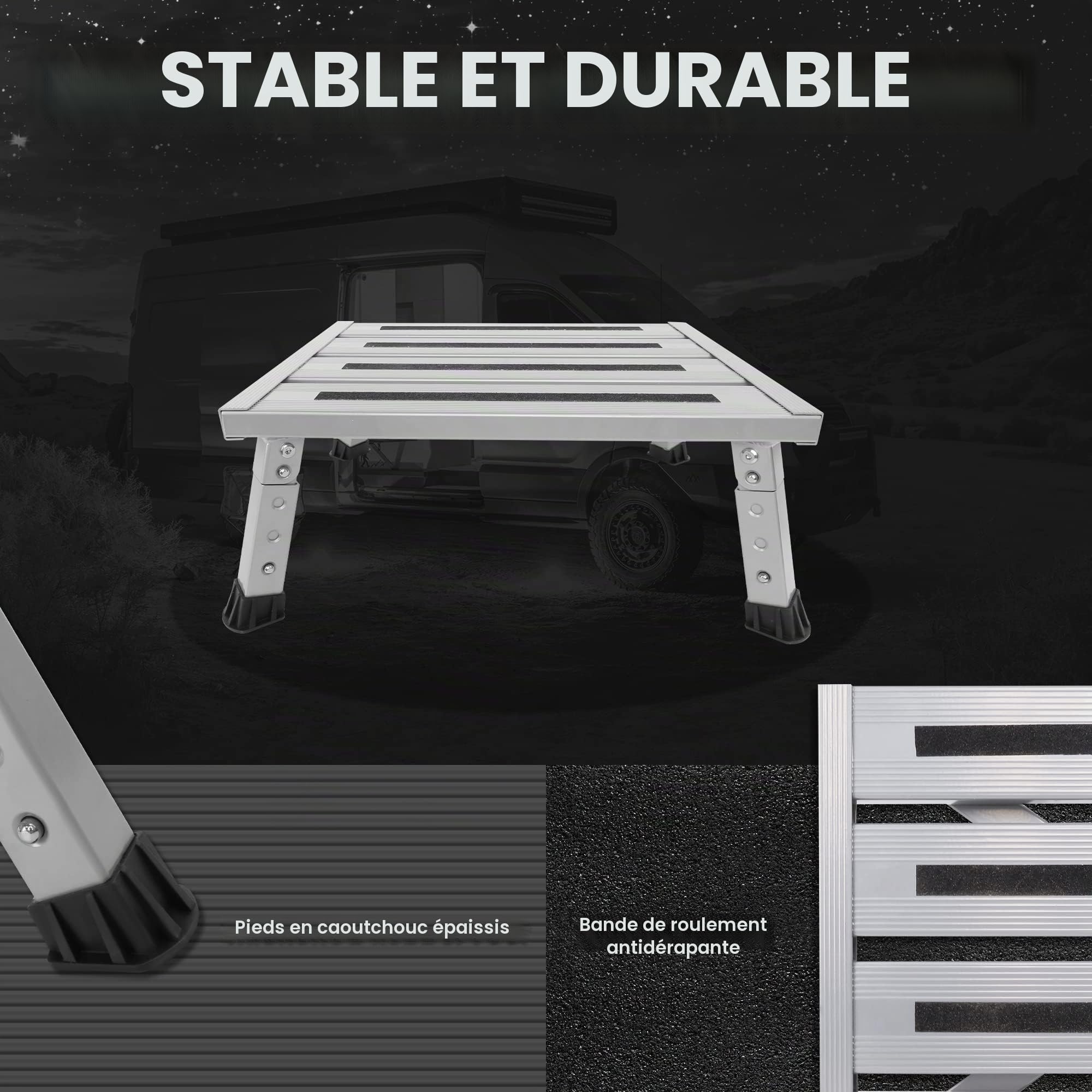 Tabouret pliable réglable pour caravane, camping-car, SUV, en métal résistant, supporte 350 kg, antidérapant et pliable, 3 niveaux de hauteur (18-24 cm), portable, pour camping, personnes âgées