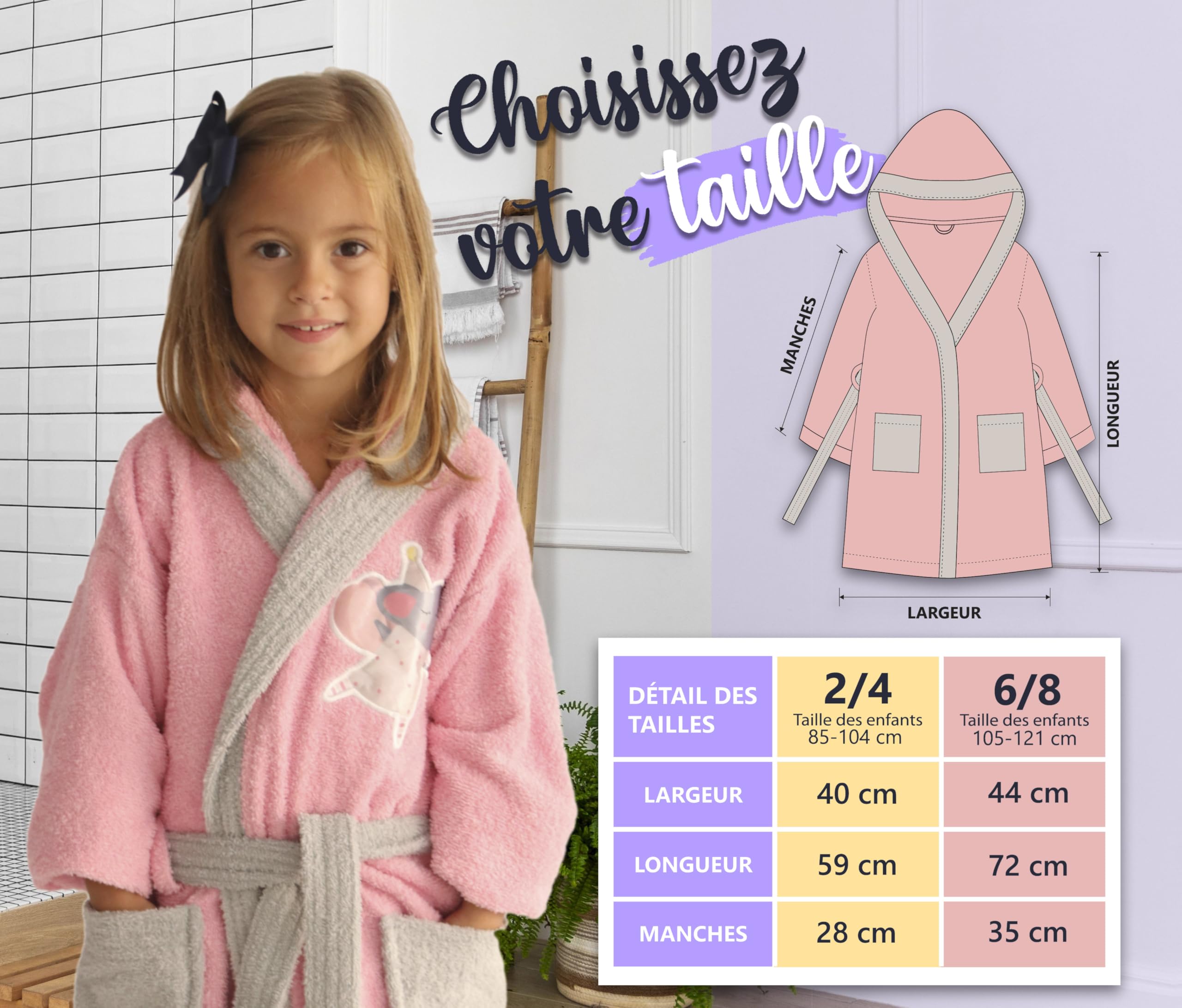 LEBENGOOD - Peignoir Filles Coton: Fille, Enfant - 100% Coton OEKO-TEX® - 2 Poches, Ceinture, Capuche, Peignoirs en peluche très doux avec broderies pour filles