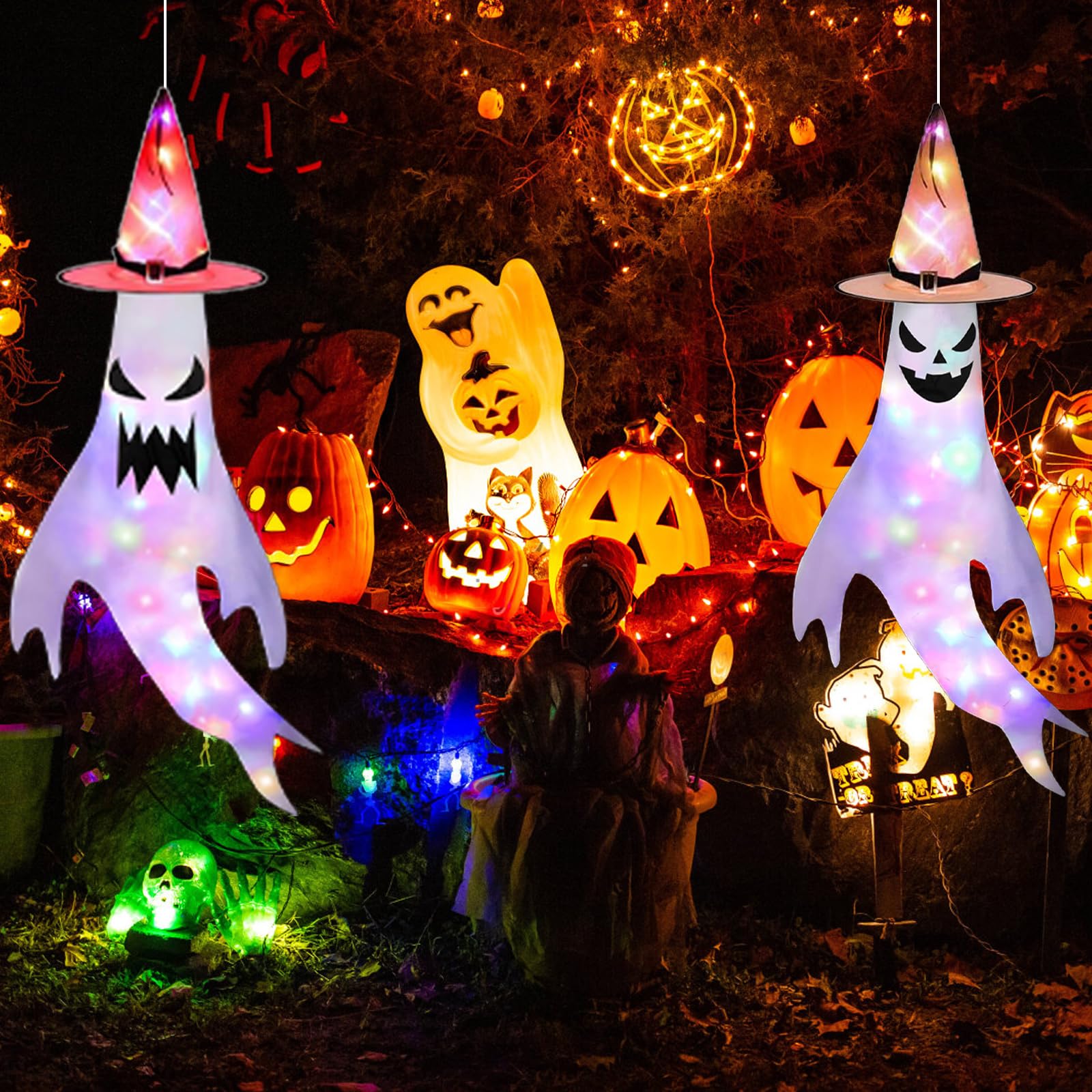 Halloween duchy potwór, 2 sztuki wiszących wiatraków, dekoracja na Halloween, do użytku na zewnątrz, do wnętrz, horror, wisząca skarpeta z kolorowymi światłami LED, dekoracja Halloween, imprezę,
