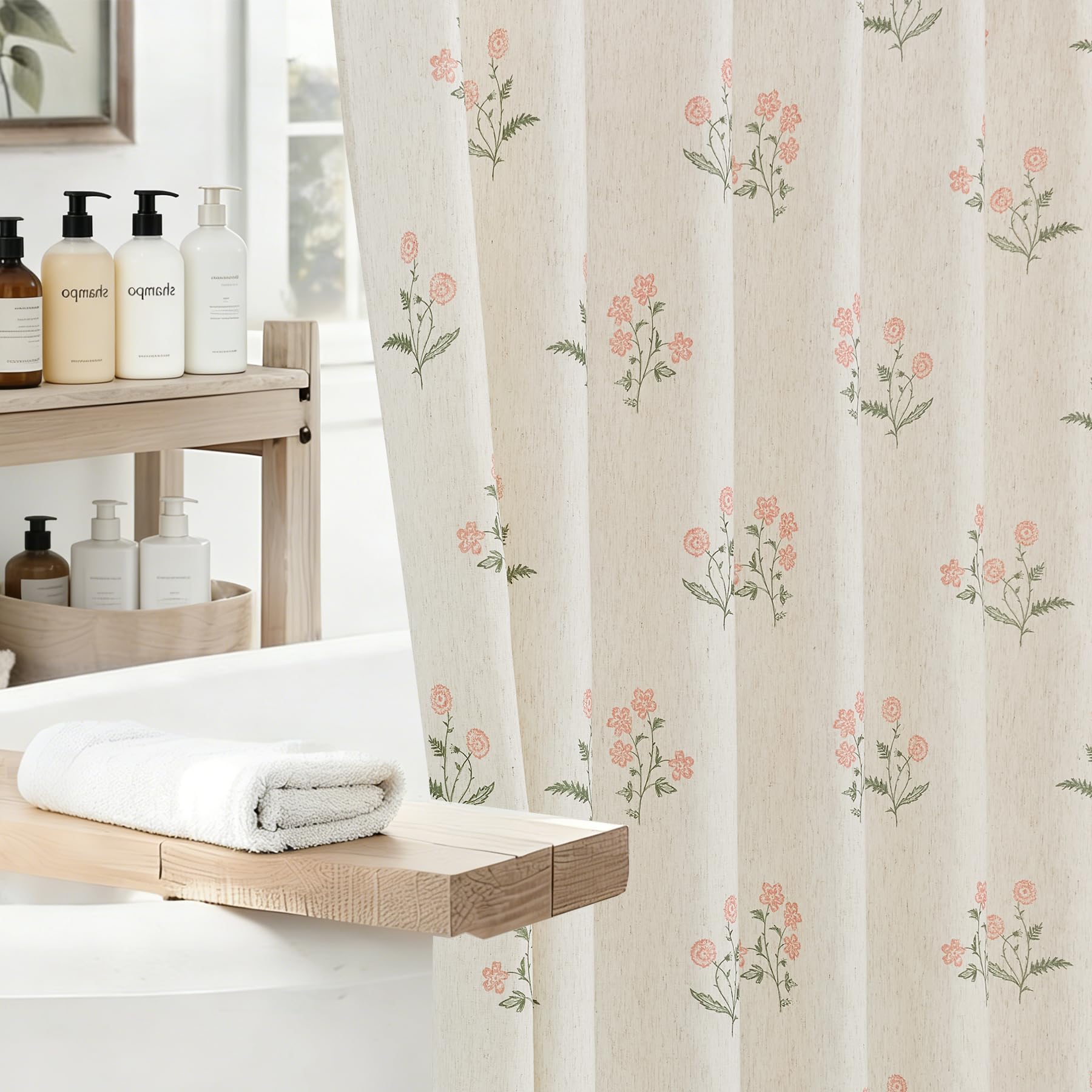 ORTIGIA Leinen-Duschvorhang Bauernhaus, Vintage, Rosa, Grün, Blumenmuster, Boho, rustikaler Blockdruck, Cottagecore-Dekor für Badezimmer, 72 B x 72 L