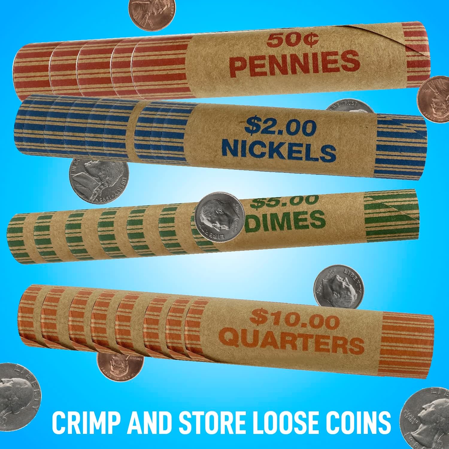 Nadex 256 Assorted Preformed Crimped End Coin Roll Wrappers with Color Coded Coin Wrapper Crimping Tool (Patent Pending), 64 Each of Nickels, Dimes, Pennies and Quarters