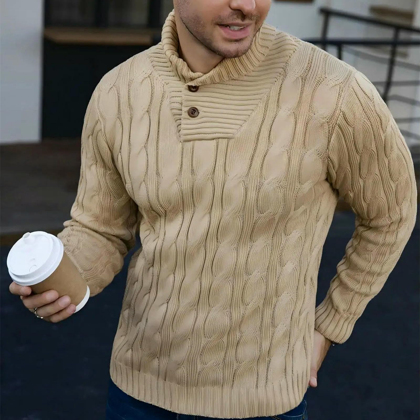 Jersey HombresuéTer Hombre Suéter De Punto Acanalado para Hombres Solapa Negocios Maduro Otoño Invierno Moda Y Adecuado Varios-Caqui-s