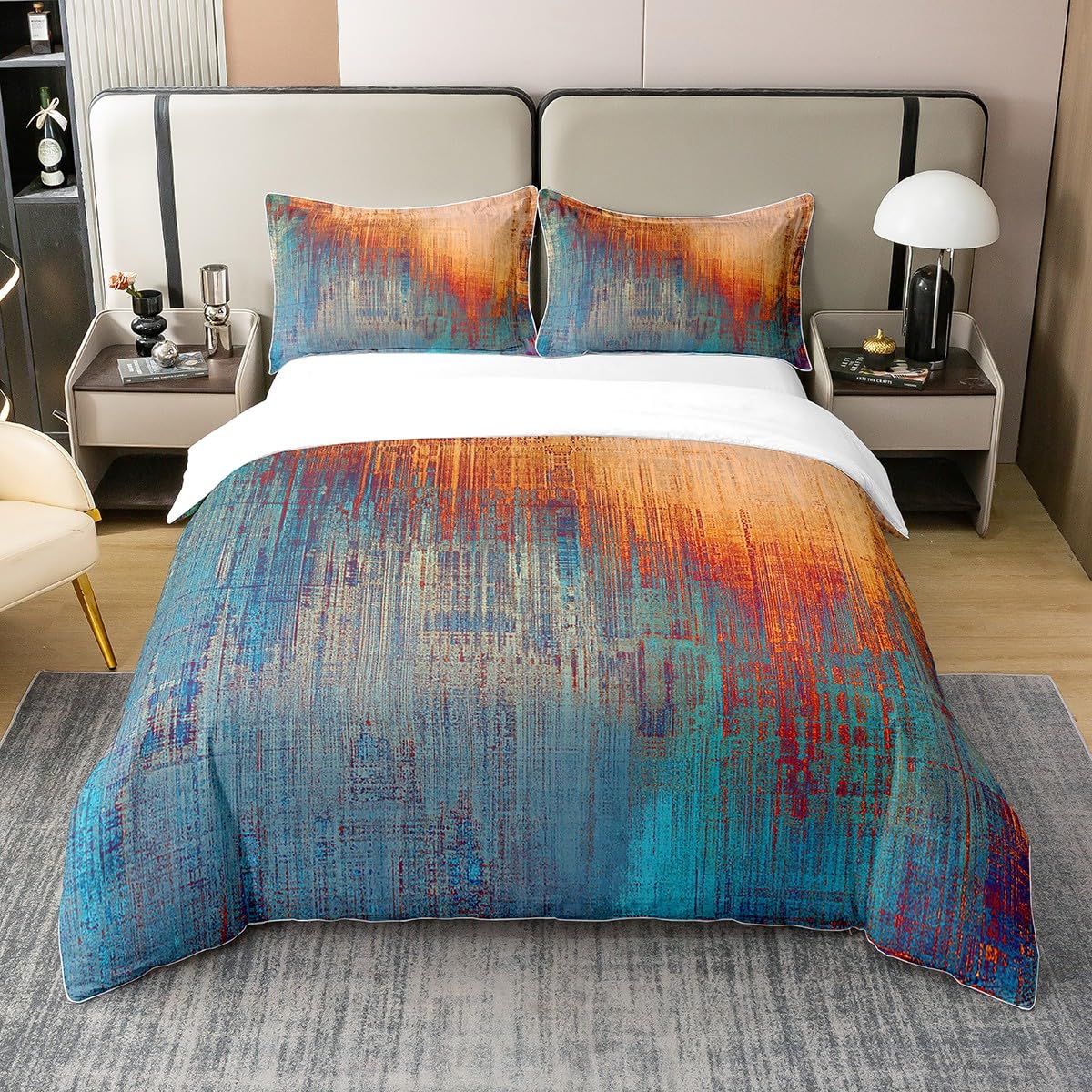 Vintage Abstract Cotton Duvet Cover Super King Size Boys Girls Modern Grunge Art Bedding Set Soft 100% Cotton Comforter Cover Blue Brown Messy Rust Painting Duvet Cover Bed Set Chic Bedroom Decor