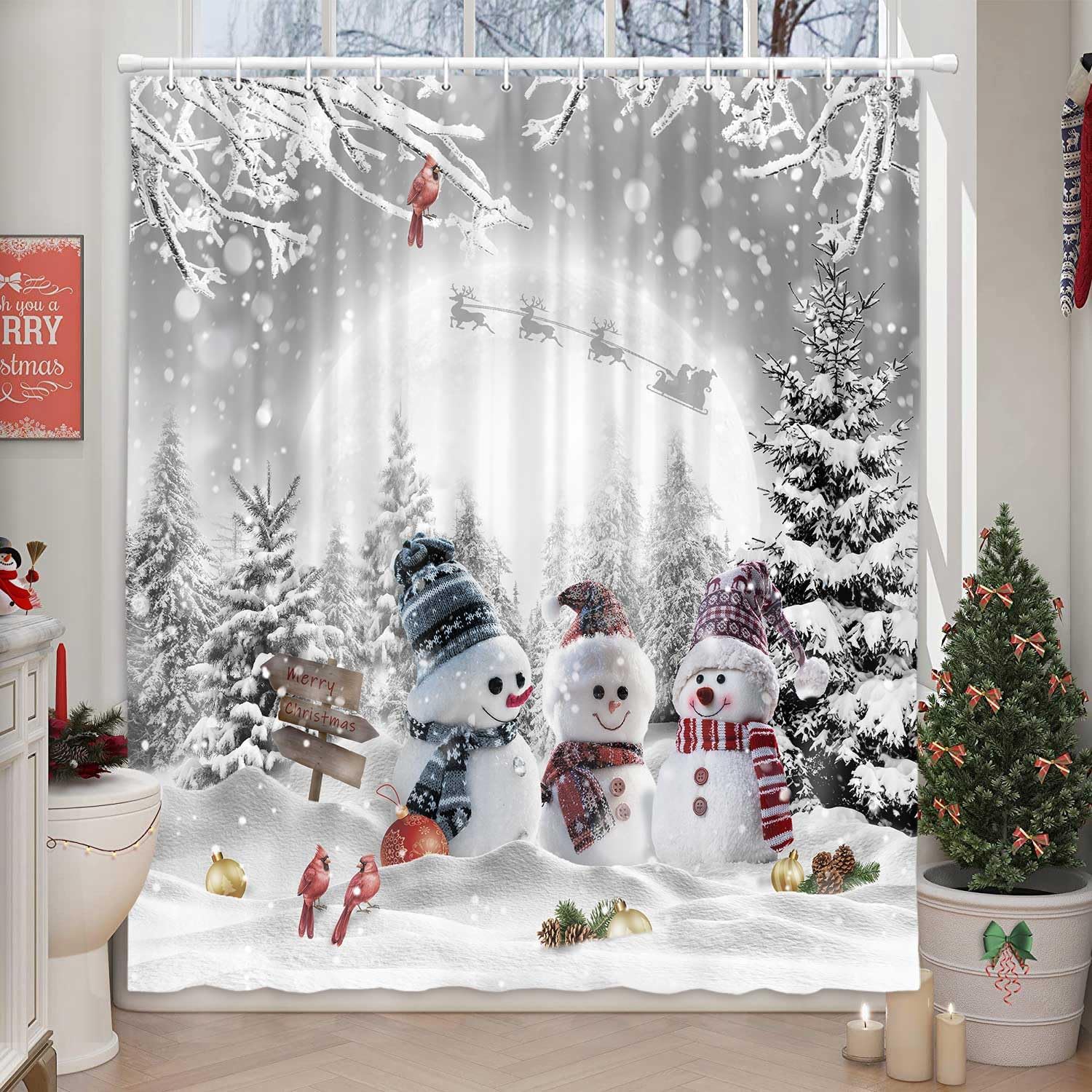 Winter Christmas Snowman Shower Curtain, Cute Snowman and Pine Trees Snowflake Birds Grey Gray Winter Forest Scene Shower Curtain Set, Xmas Holiday Bathroom Curtains 12PCS Hooks, 70X75IN Grey Gray