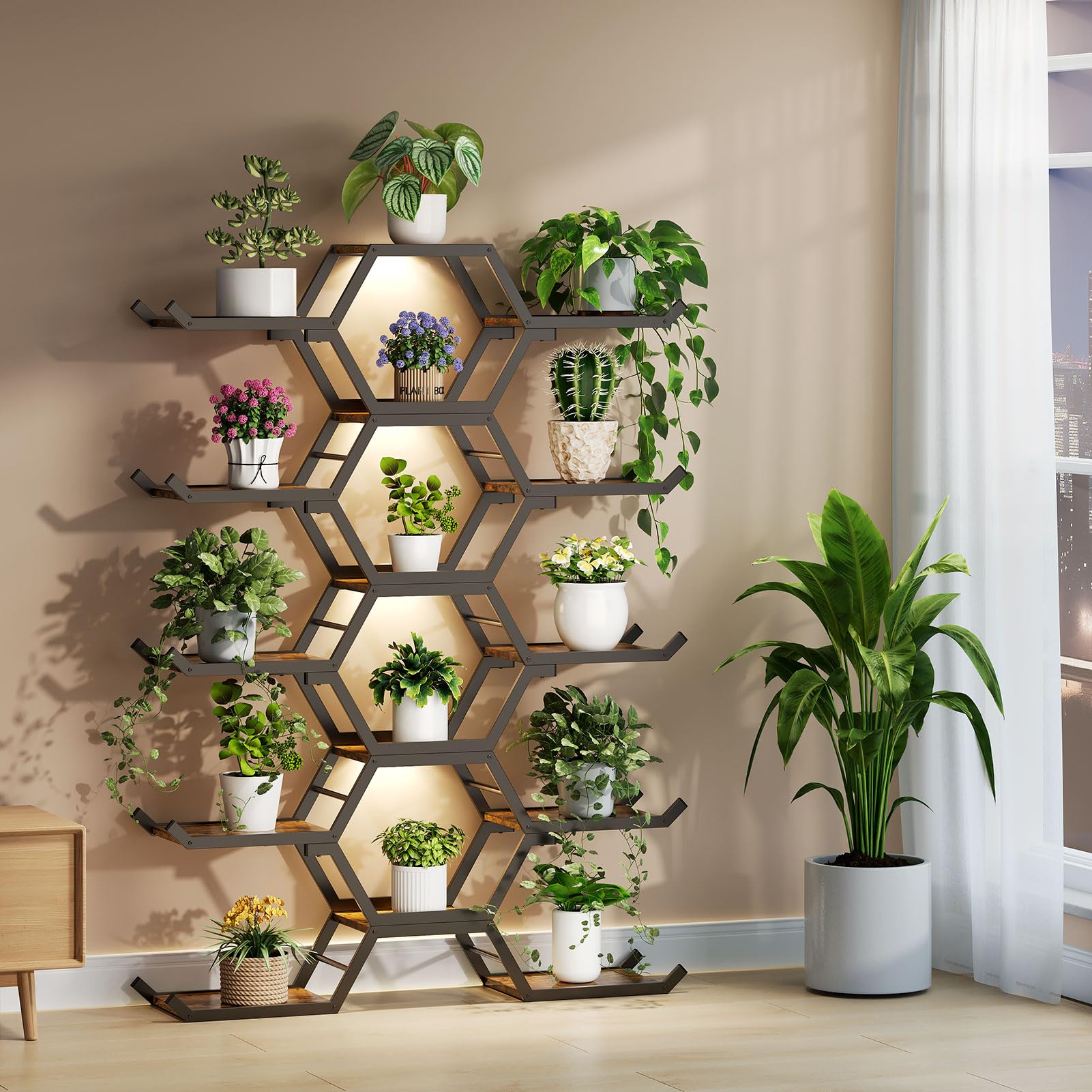 Étagère en métal et bois HavenlyYouth avec grand support pour plantes à 5 niveaux et 15 pots