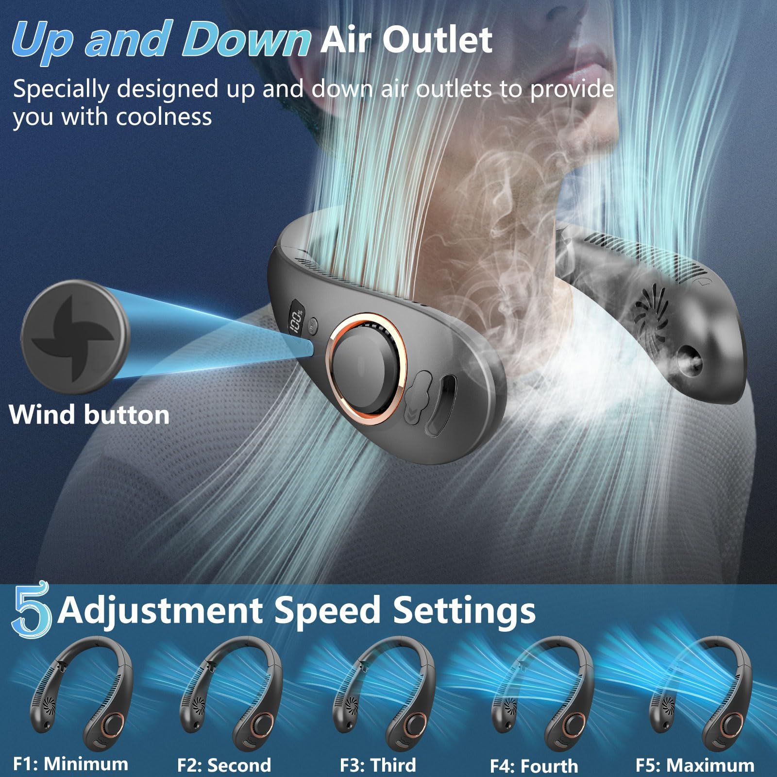 Ventilateur de cou avec brumisateur d'air froid, pliable, 4000 mAh, portable, rechargeable par USB, avec brumisateur, ventilateur de voyage sans pales pour cou autour du cou, noir