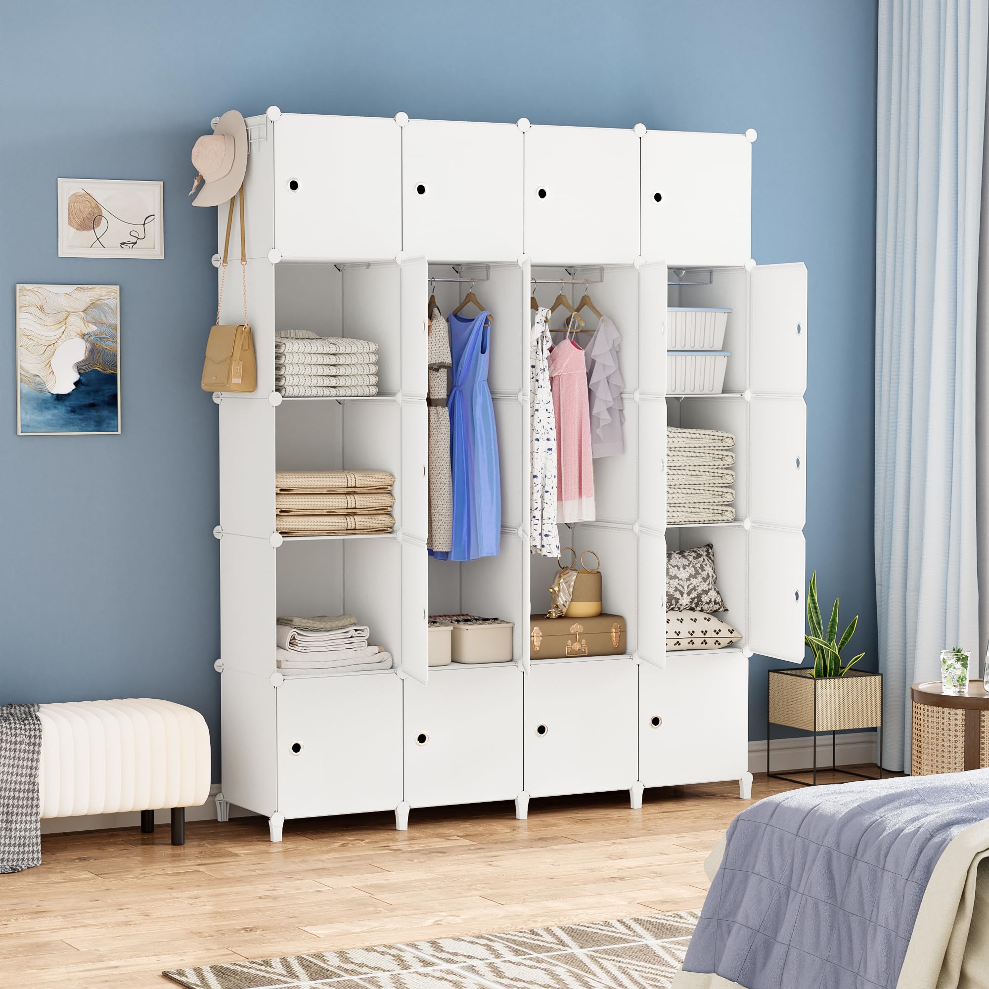 HOMIDEC Armoire Penderie Modulaire, Armoire Portable à 20 Compartiments pour Chambre à Coucher, Armoires avec Barre pour Suspendre Les vêtements, Compartiments Plus Profonds adaptés aux Cintres