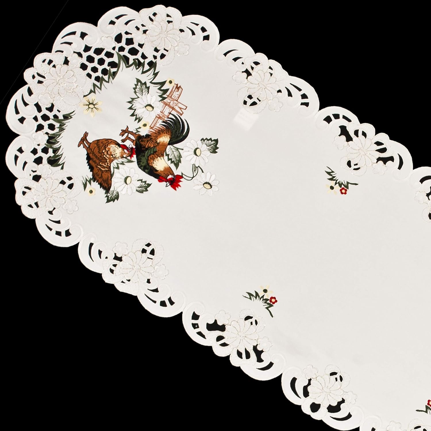 Embroidered Rooster Country Chic Lace Farmhouse Table Runner, Dresser Scarf, Coffee Table Runner (15Wx54L)