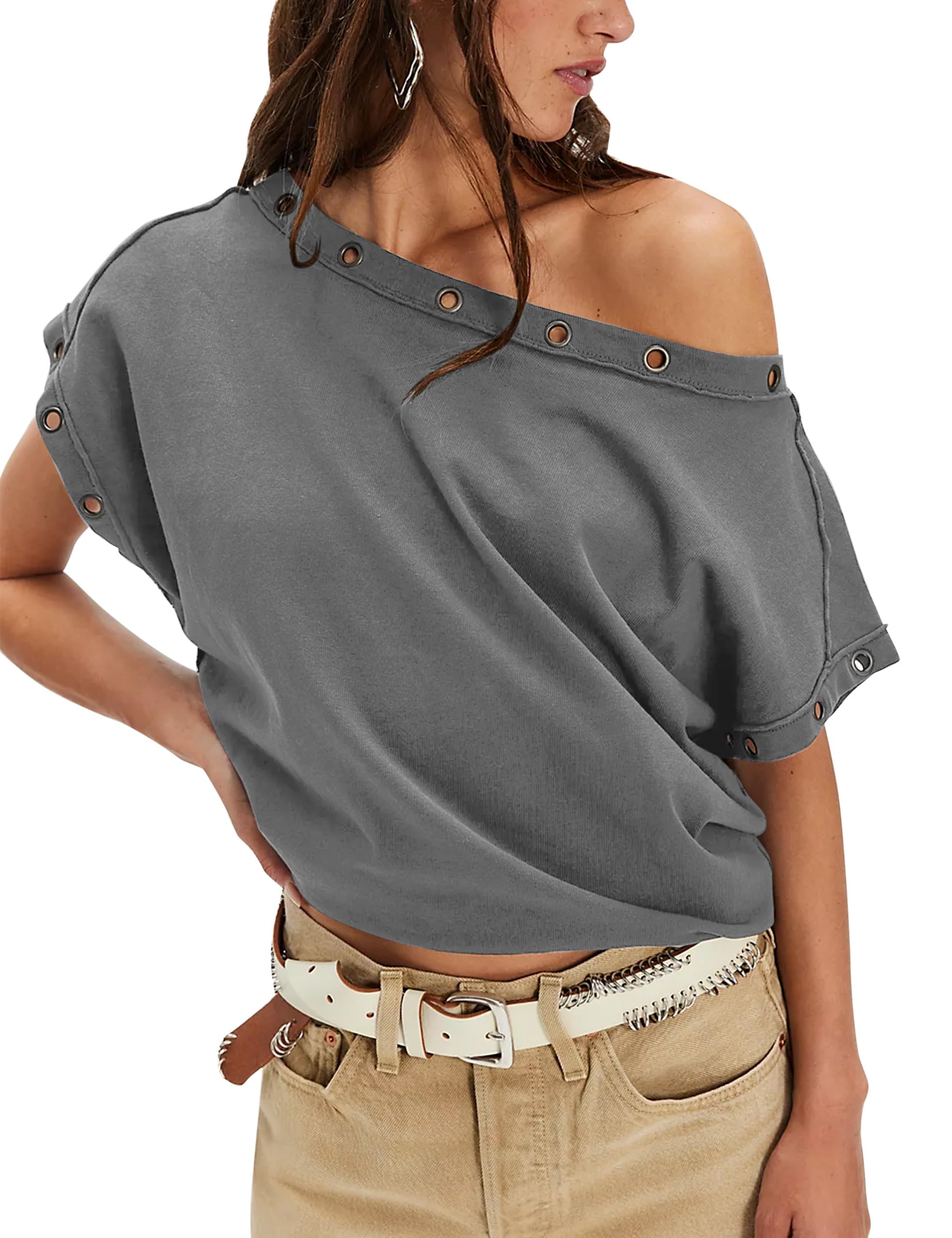 Off The Shoulder Tops for Women Trendy Y2k Batwing Short Sleeve T Shirts 2026 Summer Grommet Loose Going Out Tees Light Grey
