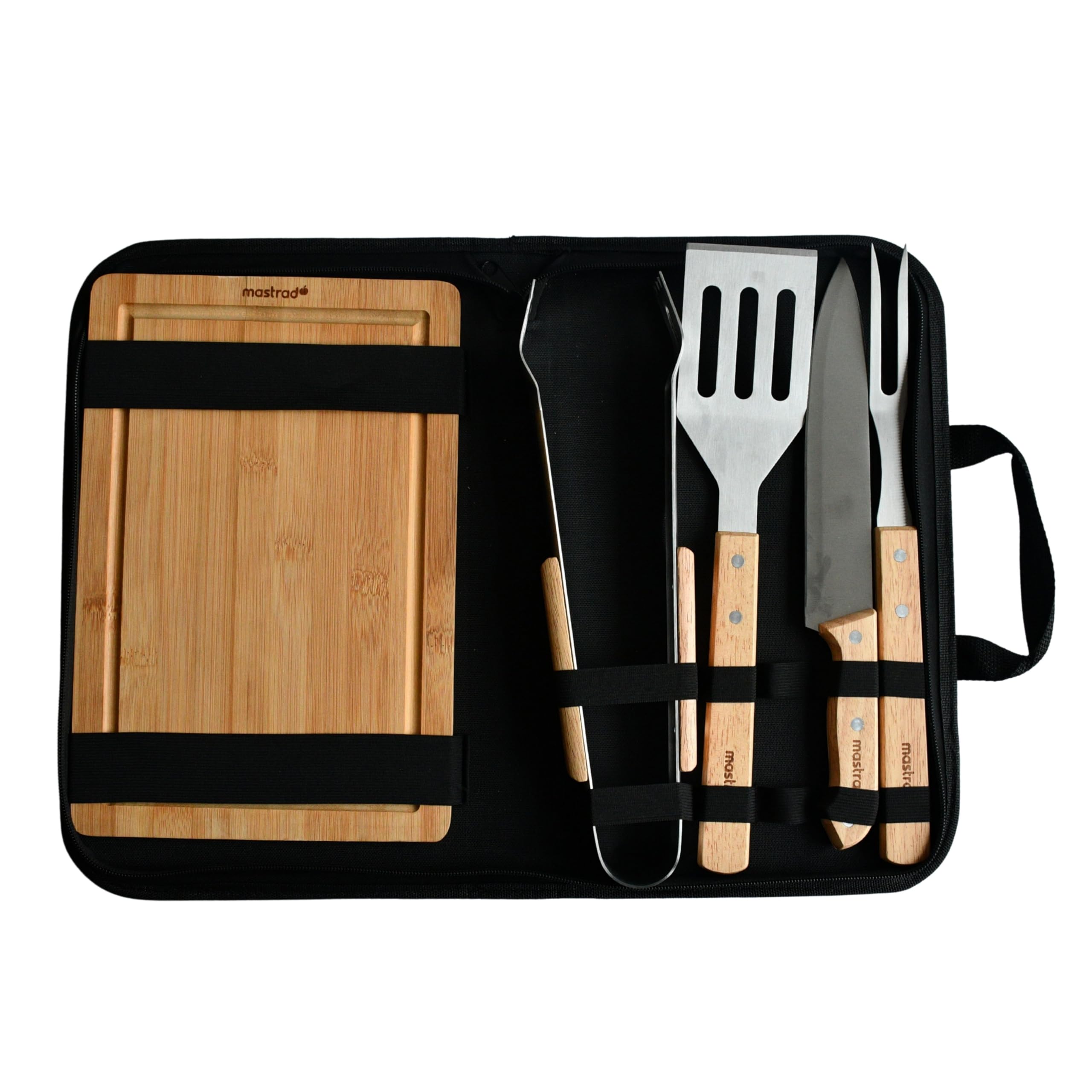 Mastrad Set di valigie per barbecue con tagliere e 4 utensili per barbecue, posate per barbecue in acciaio inox e legno, portatile, ideale per barbecue, campeggio e regalo