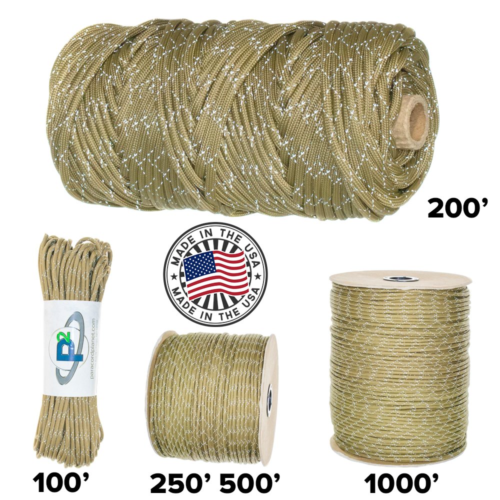 Paracord Planet Reflektierende Tracer 700LB Paracord – 100% Nylon Hohe Sichtbarkeit Kordel 500 Feet on Spool Reflective Coyote Brown