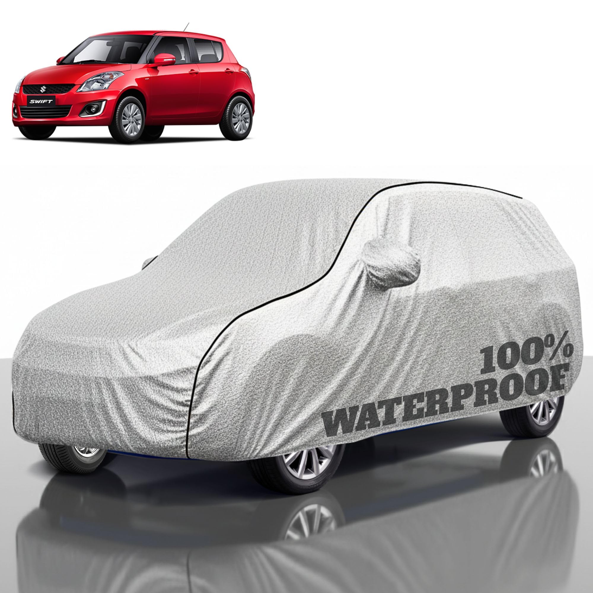 Premium Polyester Car Cover Swift All-Weather Protection from Rain, Dust &amp; Sun | UV Resistant Fabric | Full Body Secure Fit for Outdoor &amp; Indoor Parking Silver