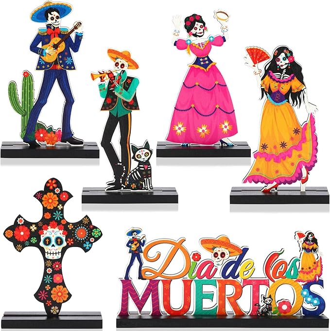 Jansun 6 Pack Day of The Dead Decorations Wood Centerpiece Table Decorations Sugar Skull Calacas Dia De Los Muertos Decorations for Halloween Party Mexican Fiesta Ofrenda Decorations