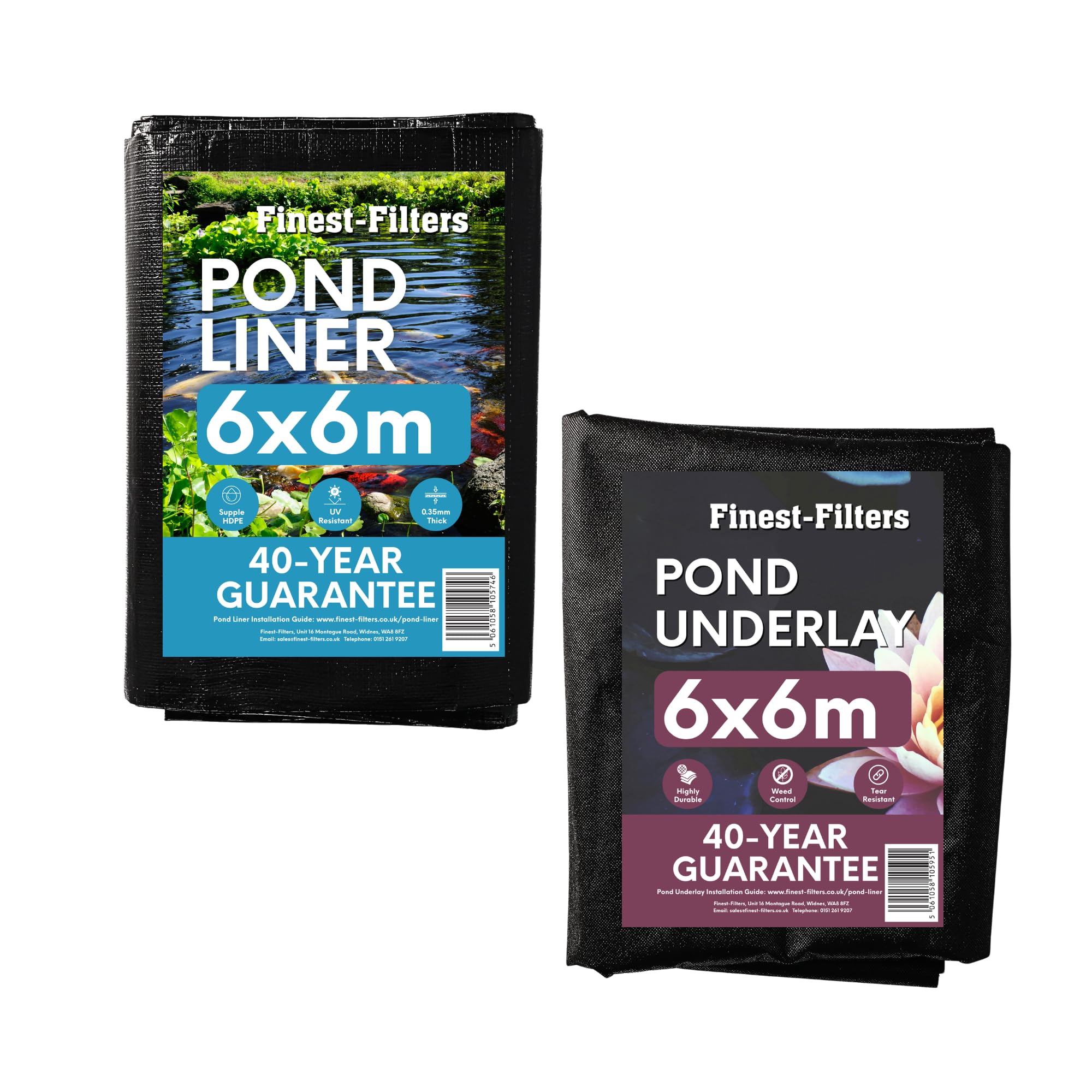 Finest-Filters 0.35mm HDPE Pond Liner & Underlay Options. 40-Yr Guarantee, UV & Tear-Resistant Waterproof Sheet for Garden & Koi Ponds (2x2m-9x12m) (6m x 6m, Bundle- Liner and Underlay)