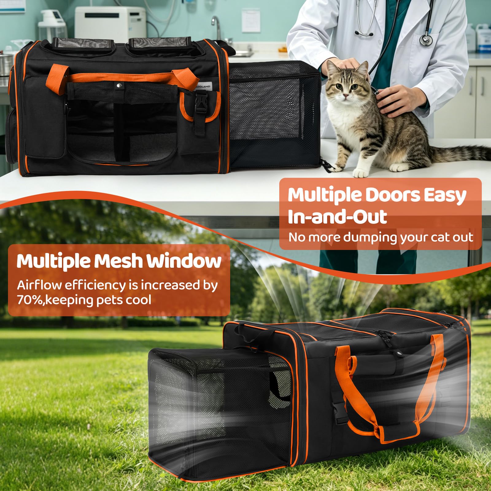 Transportador de gatos extragrande expandible para 2 gatos con caja de arena para gatitos, gatos grandes y perros pequeños, transportador plegable doble para mascotas grande para viajes en coche