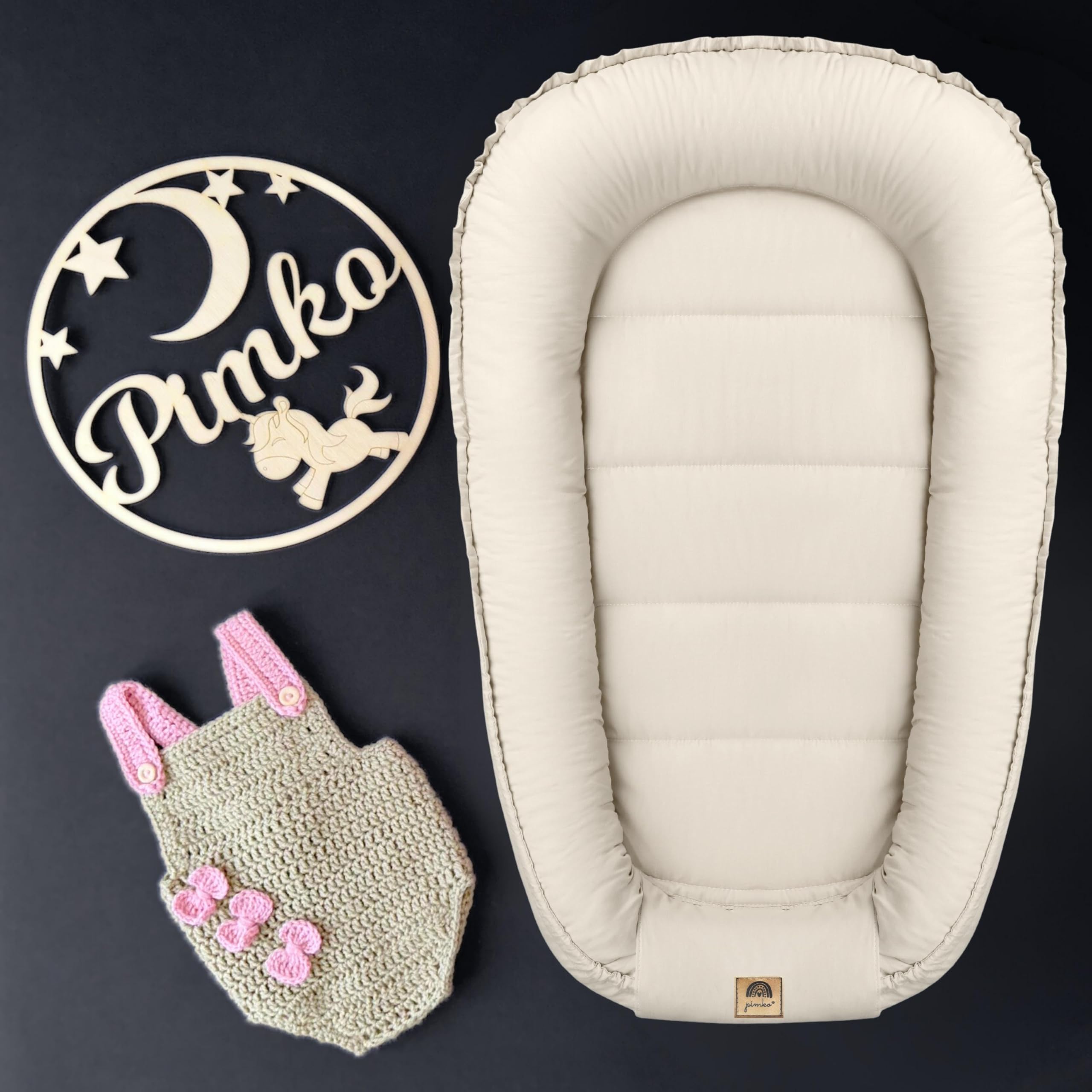 PIMKO Babynest Babynestchen für Baby Kuschelnest 2-seitig Babykokon für Säuglinge und Neugeborene Babynestchen 100% Baumwolle Nestchen geeignet für Zuhause 55 x 90 cm (Beige mit Klappe)
