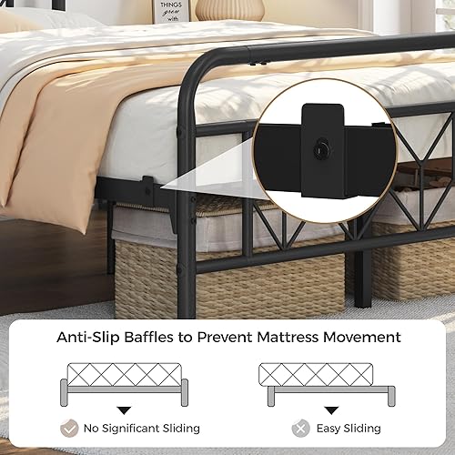 Miniatura 7 de YAHEETECH - Base de cama metálica con cabecera y estribo con patrón de diamante, base de colchón, soporte de listones de acero resistente,