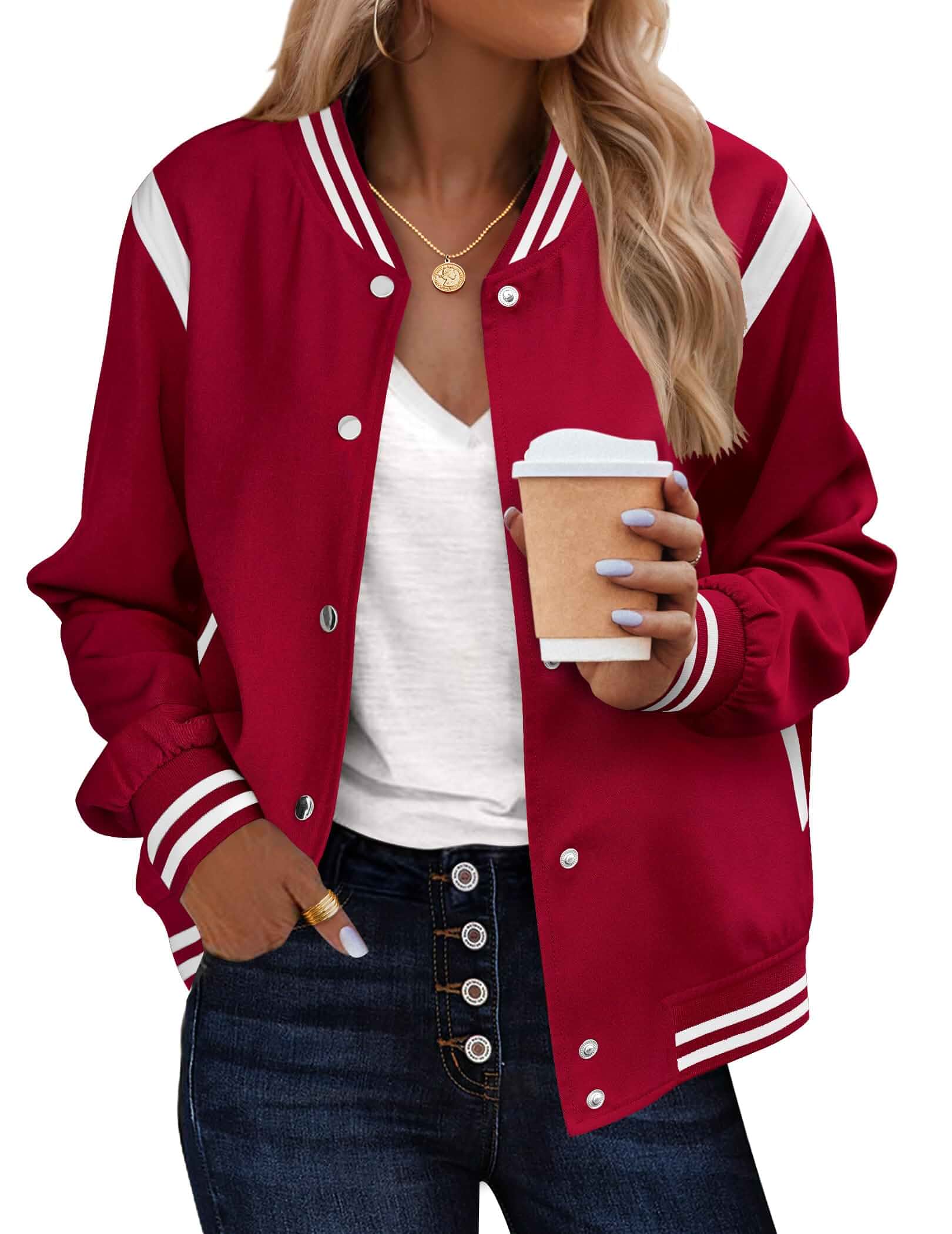 Zeagoo Bomber Jacket Women Varsity Casual Button Down Outfits with Pockets Lightweight,2026 Fall Fashion Short School Outfit,Long Sleeve Cute Tops,Trendy Outerwear,Daily Wear,Sport Active,Going Out
