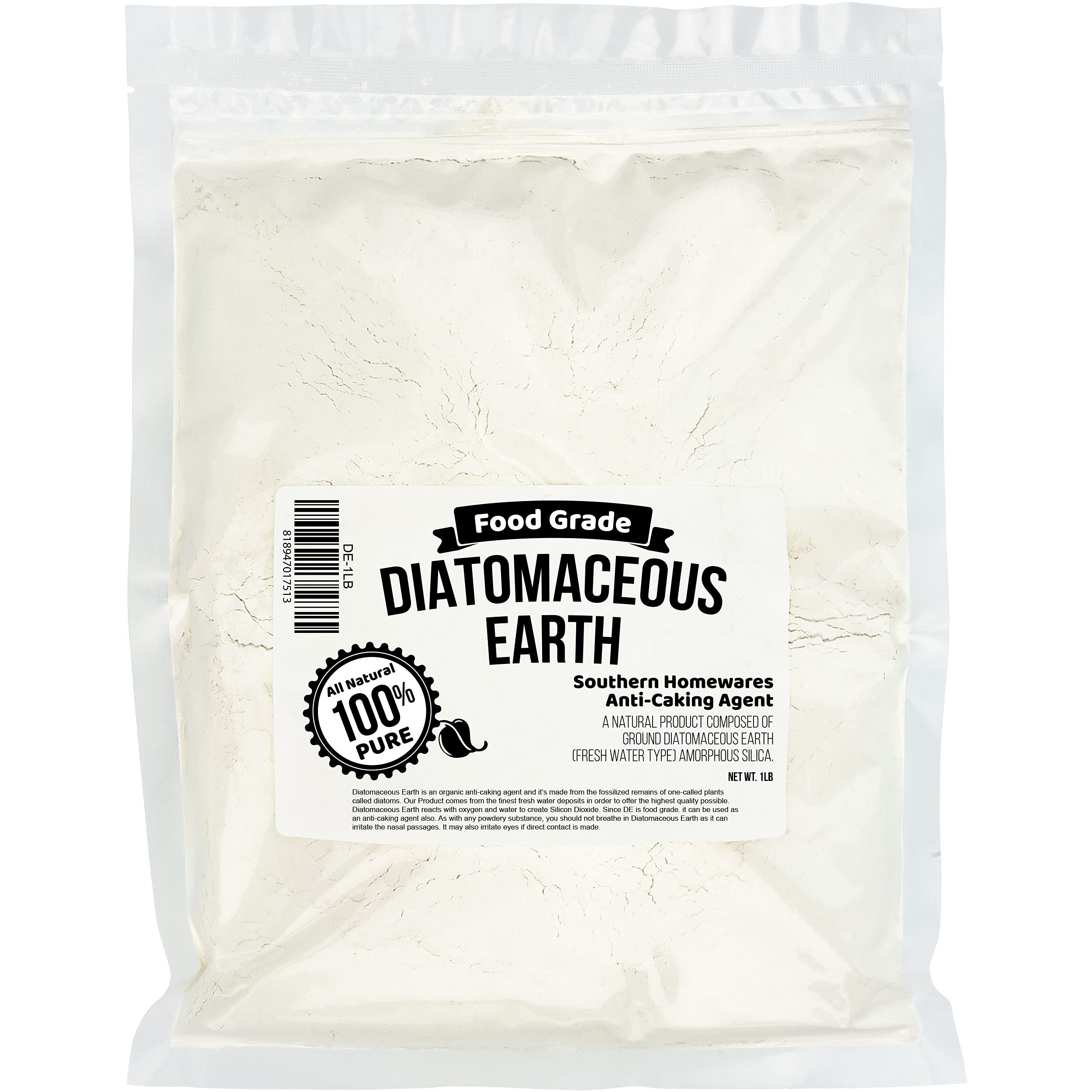 Food Grade Diatomaceous Earth 1lb – Organic Natural Powder in Resealable Bag, Safe Anticaking Agent for Kitchen, Garden, and Home Use