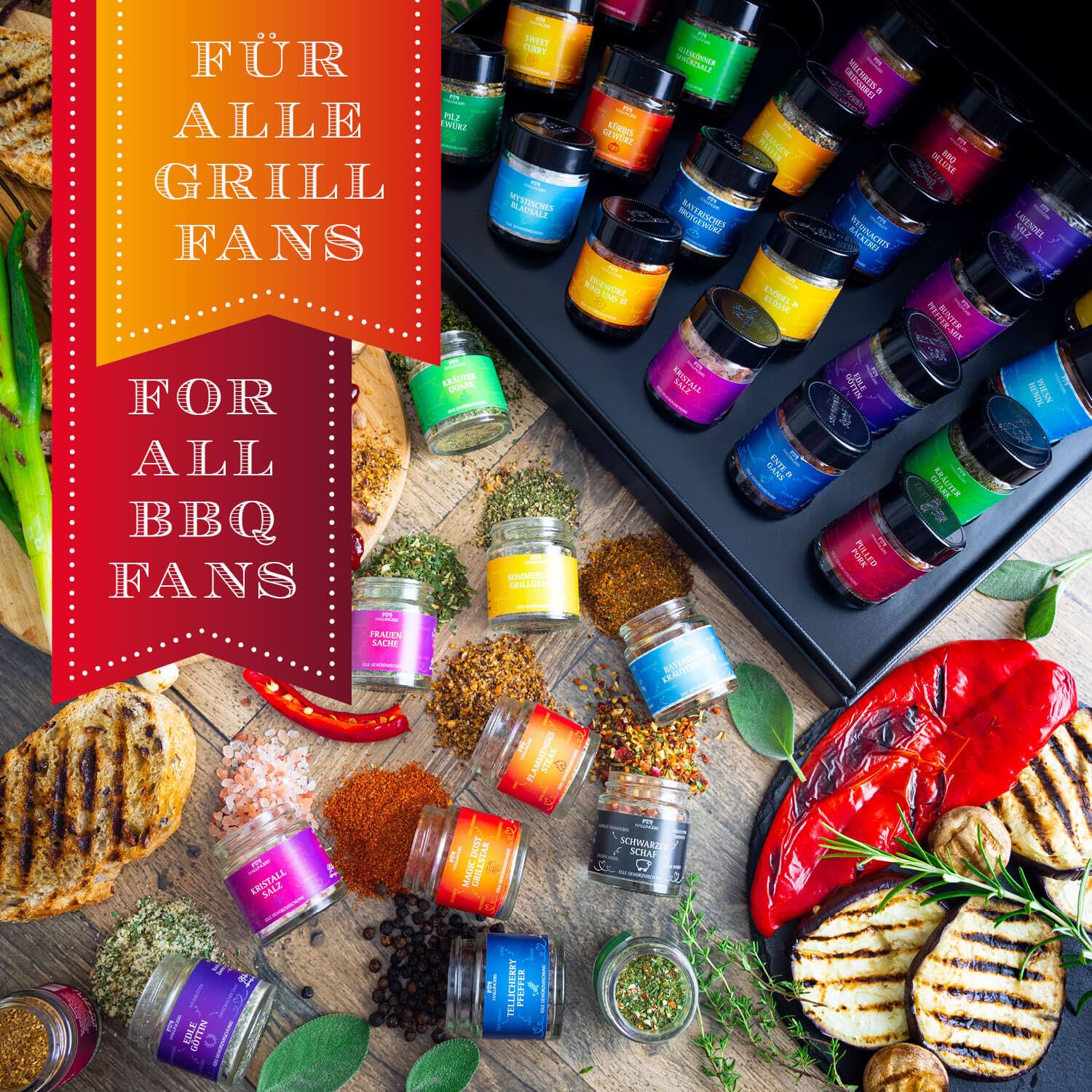 Hallingers Genuss Manufaktur Gewürz Geschenk-Set - 24 Gewürze aus aller Welt in wertiger Geschenkbox mit Rezept-Booklet "BBQ Deluxe 24 M...", Geschenkidee für Männer Freund