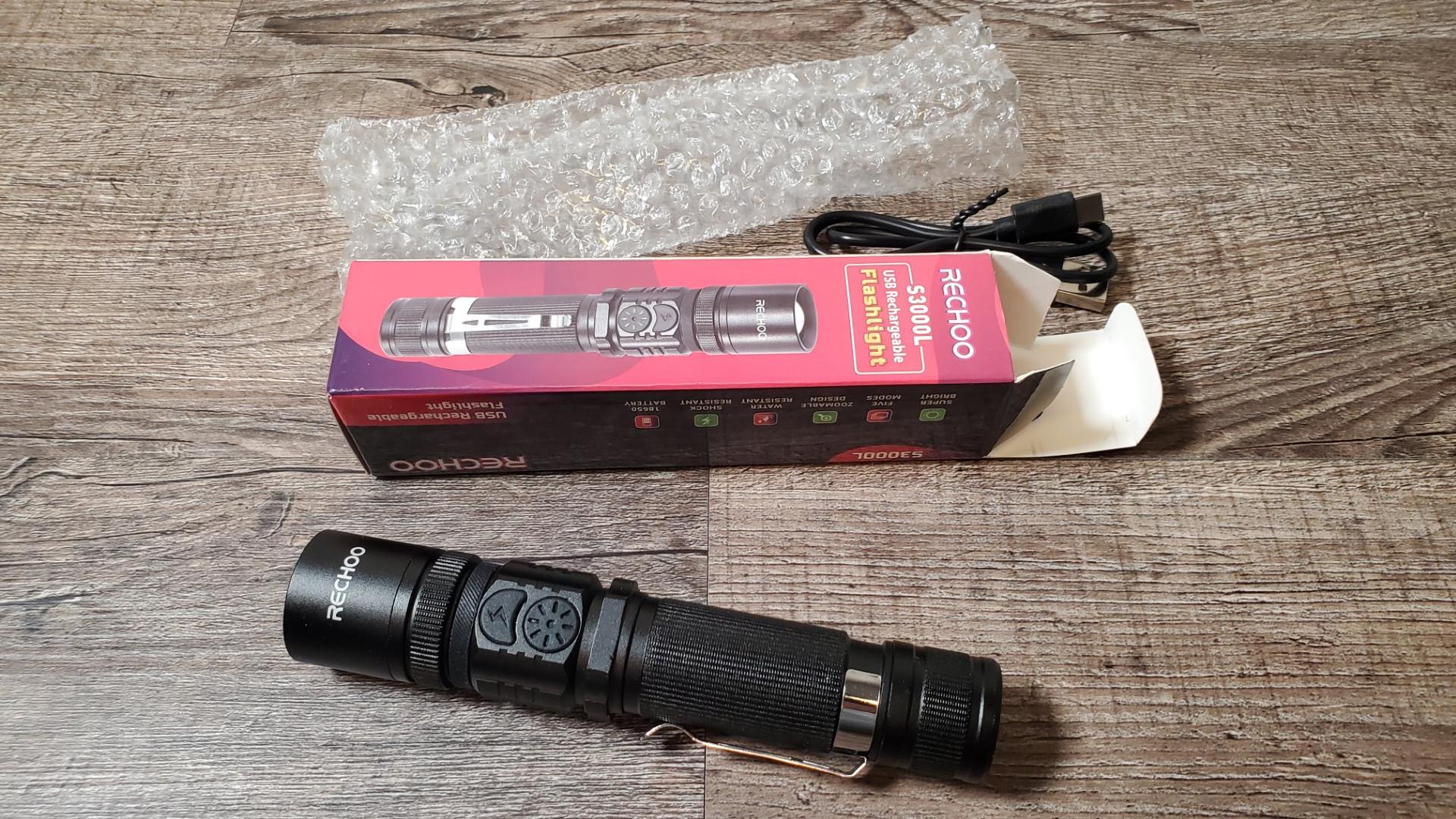 Watch RECHOO Rechargeable Flashlight S3000L Unboxing & Review on