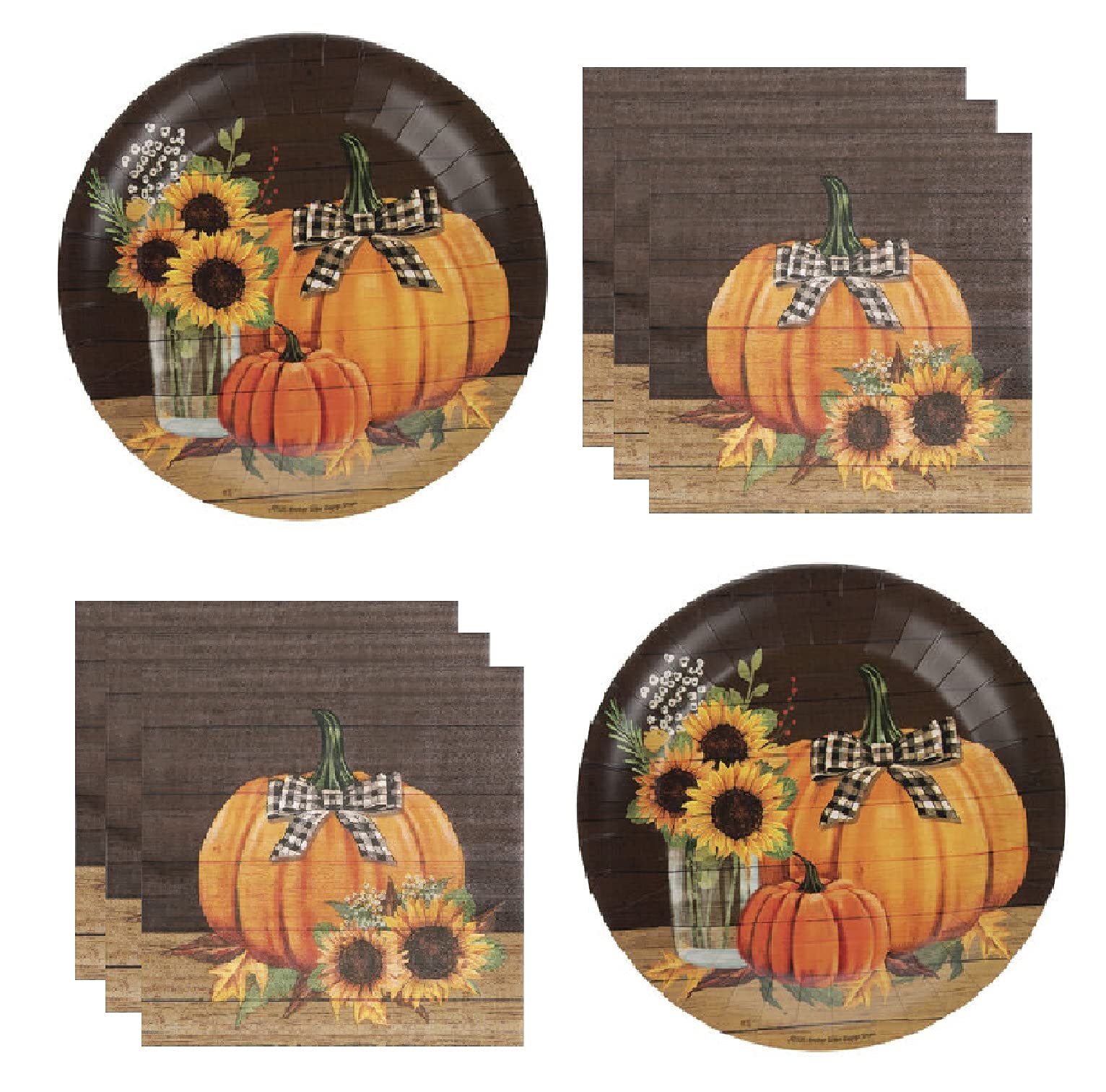 FAKKOS DesignSunflower Fall Harvest pumpkin plaid Theme Paper Plates & Napkins bulk 40 count pack black white orange Thanksgiving