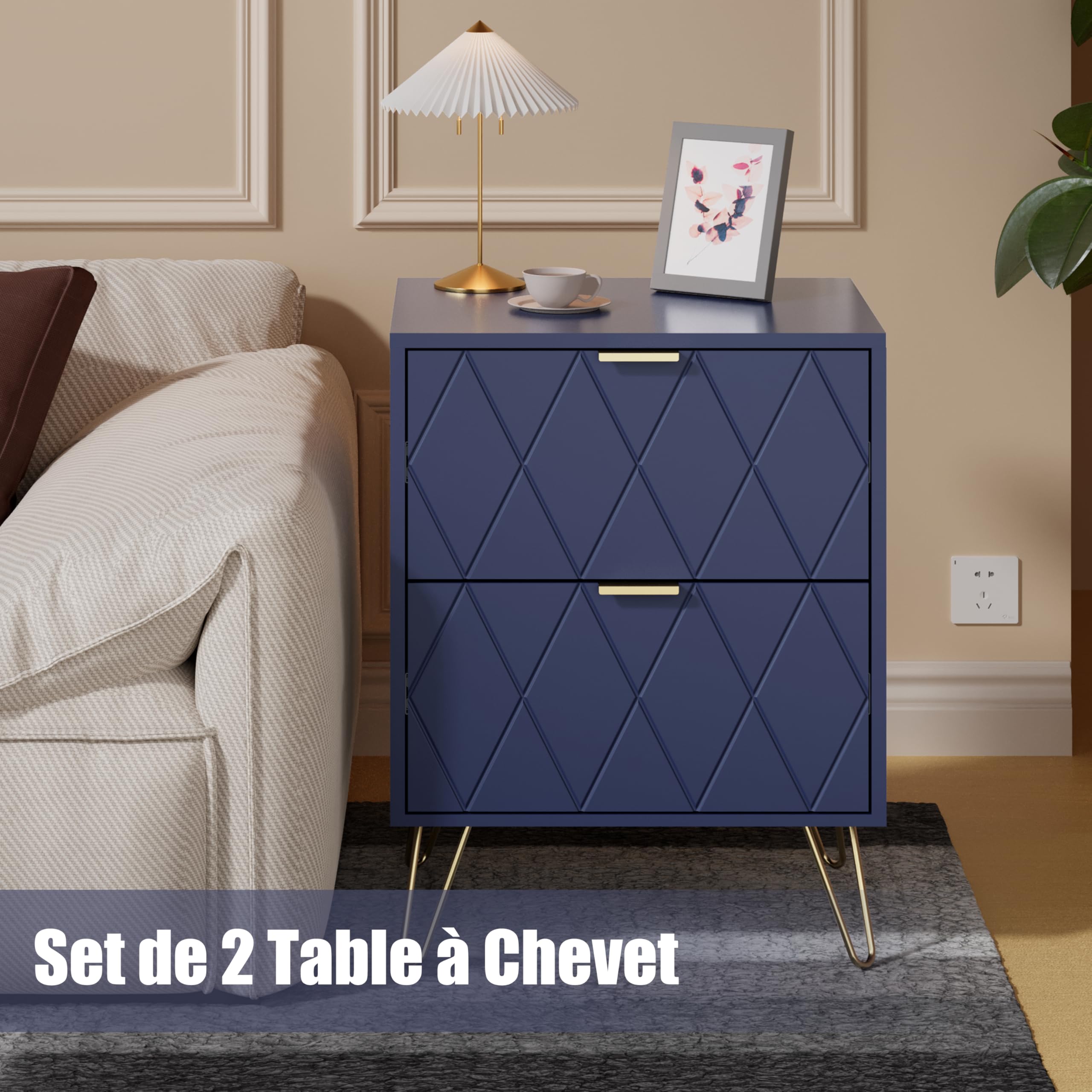 UEV Lot de 2 Table à Chevet, Table de Nuit, Table d’Appoint avec 2 Tiroirs, avec Manches et Pieds en Couleur Doré, Style Moderne, Scandinave pour Salon, Chambre, 40 x 30 x 52 cm, Bleu (2 Tiroirs)
