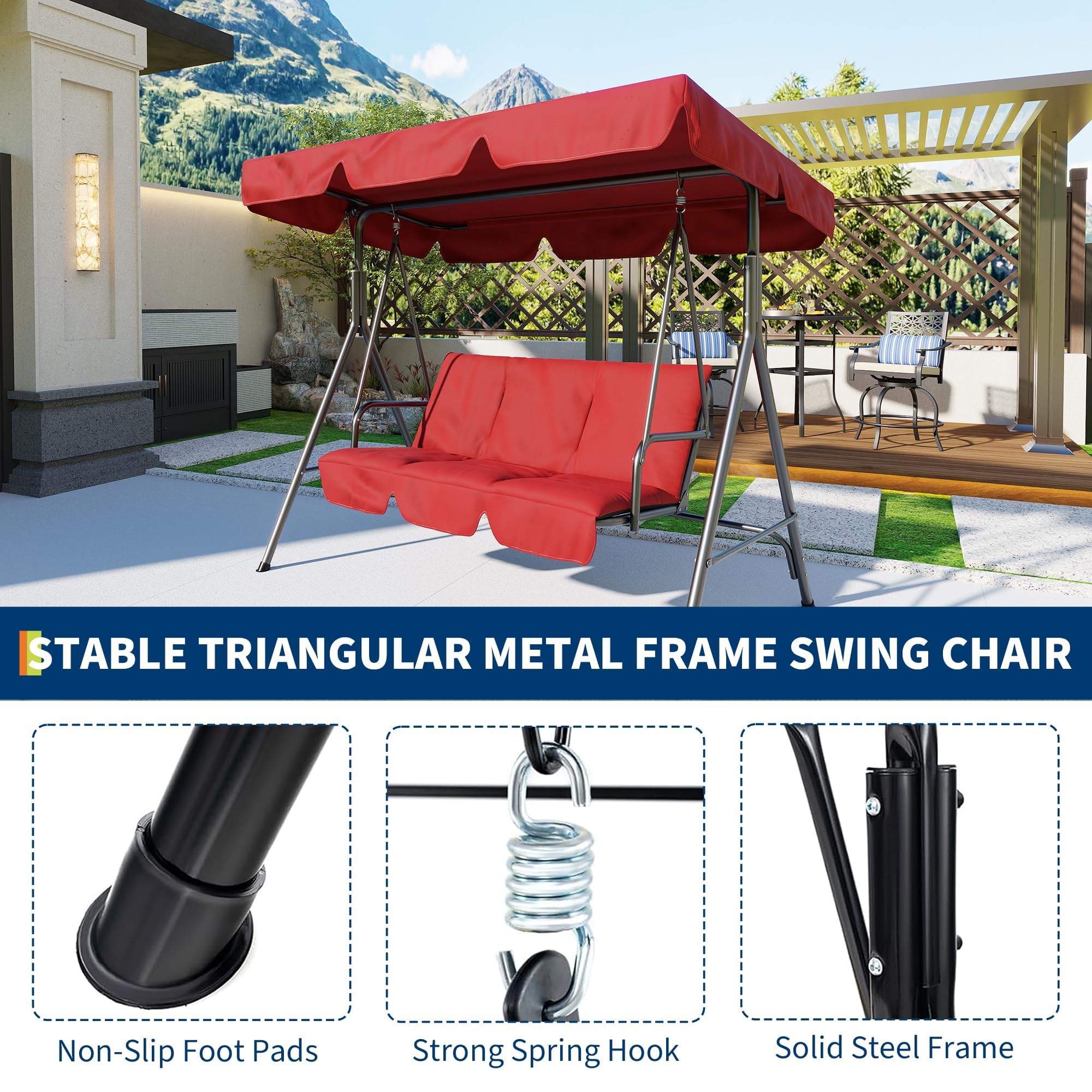 Balancelle De Patio 3 Places, Hamac Suspendu De Porche Extérieur Avec Auvent Réglable Et Accoudoirs, Assise Et Dossier En Textilène Respirant, Banc Balancé Pour Jardin, Bord De Piscine, Jardin Arrière