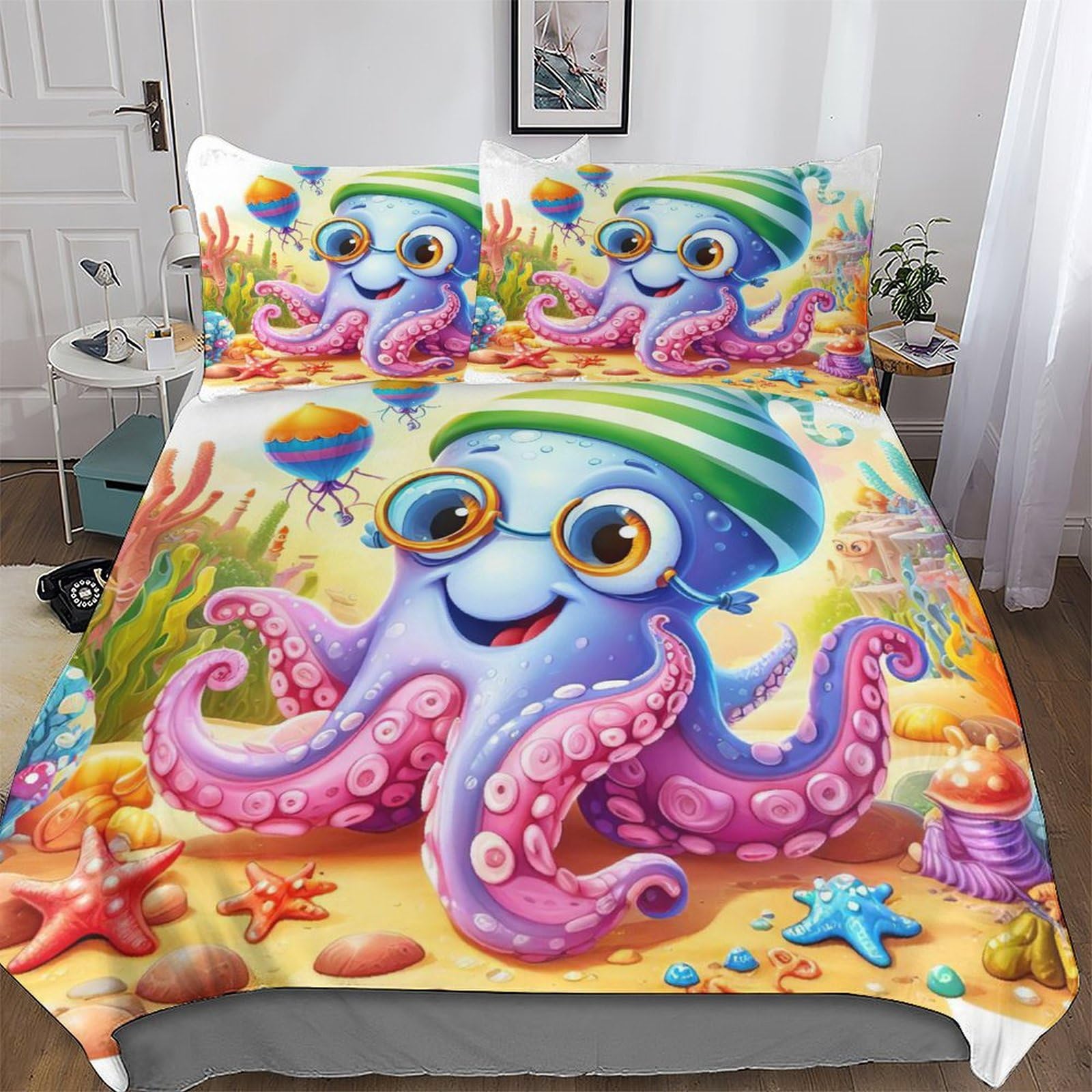 Housse de couette poulpe 3D respirante et parure de lit king size en microfibre