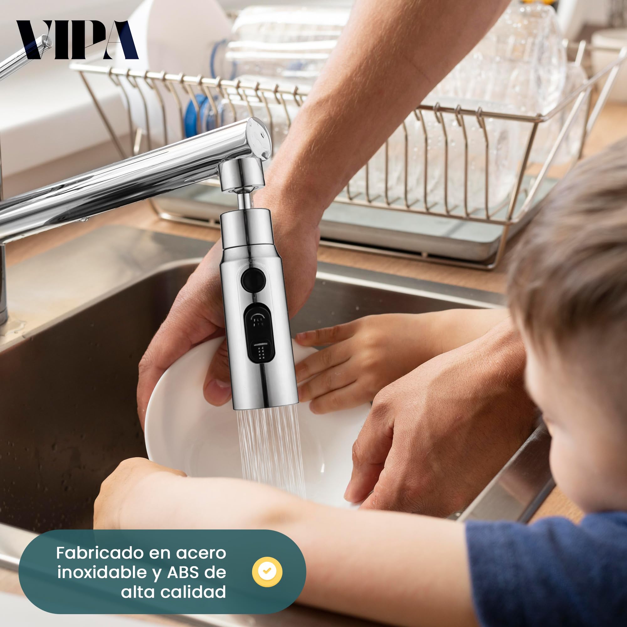 VIPA Adaptador Grifo Cocina - 3 Modos Ajustable - Aireador Grifo Cocina de 360º con Adaptador - Adaptador Universal para Grifos - Boquilla de Grifo Universal - Grifo Filtrado a Prueba de Salpicaduras