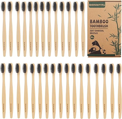 BONUMVITA Cepillos de dientes de bambú, 30 cepillos de dientes de madera con cerdas suaves y mango de bambú resistente, cepillos de dientes de