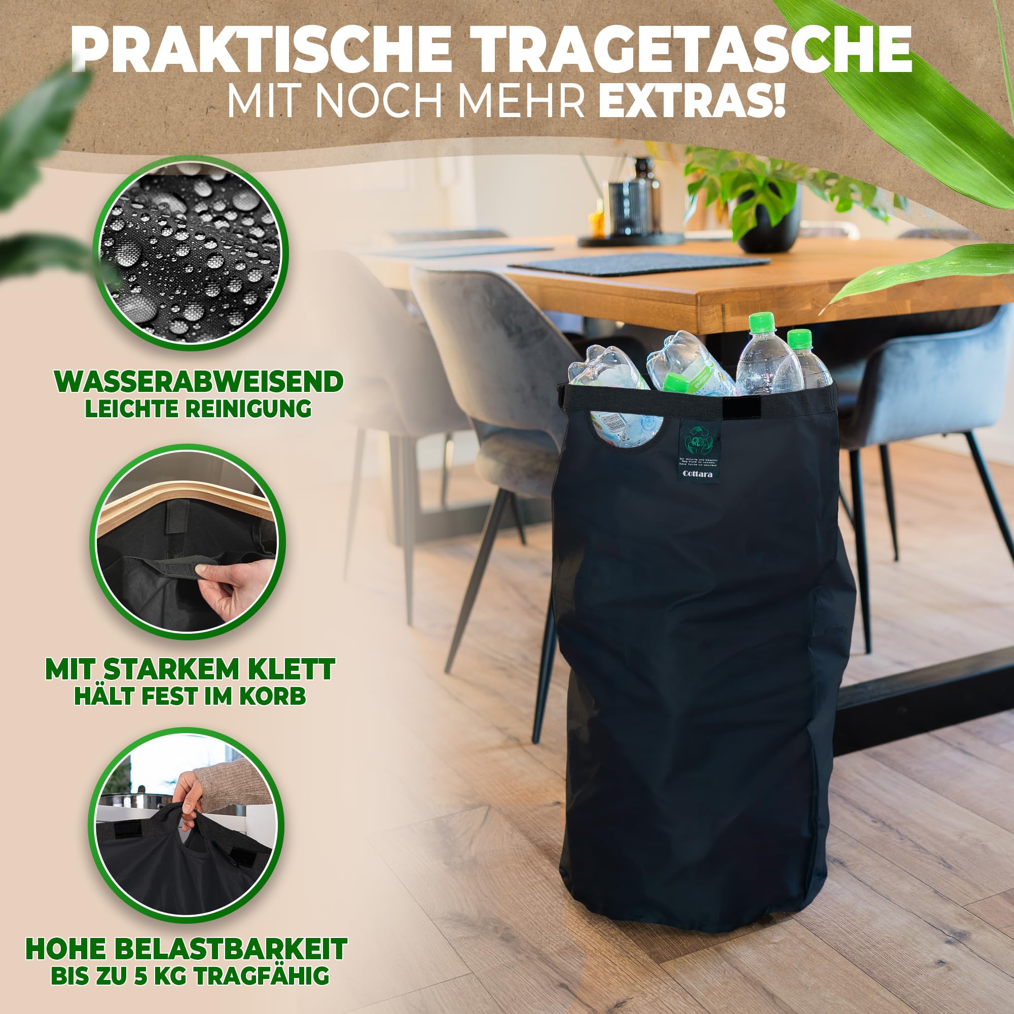 COTTARA® Verzamelcontainer met deksel en draagtas, statiegeldhouder met inworp, ideaal als statiegeldflessen, flessenverzamelaar, lege goederen, voor keuken (grijs