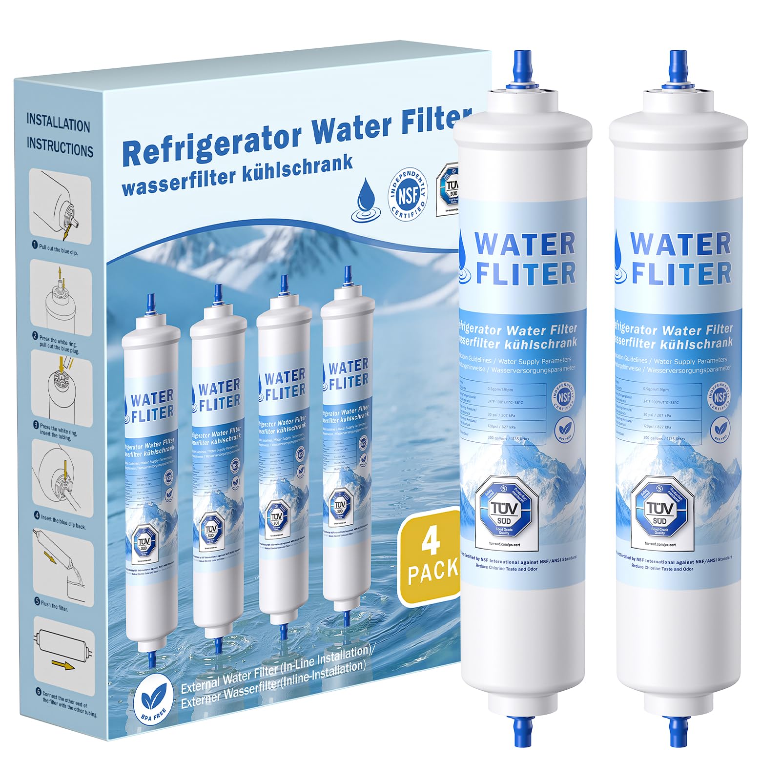 4 VILLAPOOL Wasserfilter Kühlschrank Ersatz für Samsung Kühlschrank Wasserfilter DA29-10105J, DA29-10105J HAFEX/EXP, DA99-02131B, WSF-100, EF9603, LG Inline-Kühlschrank
