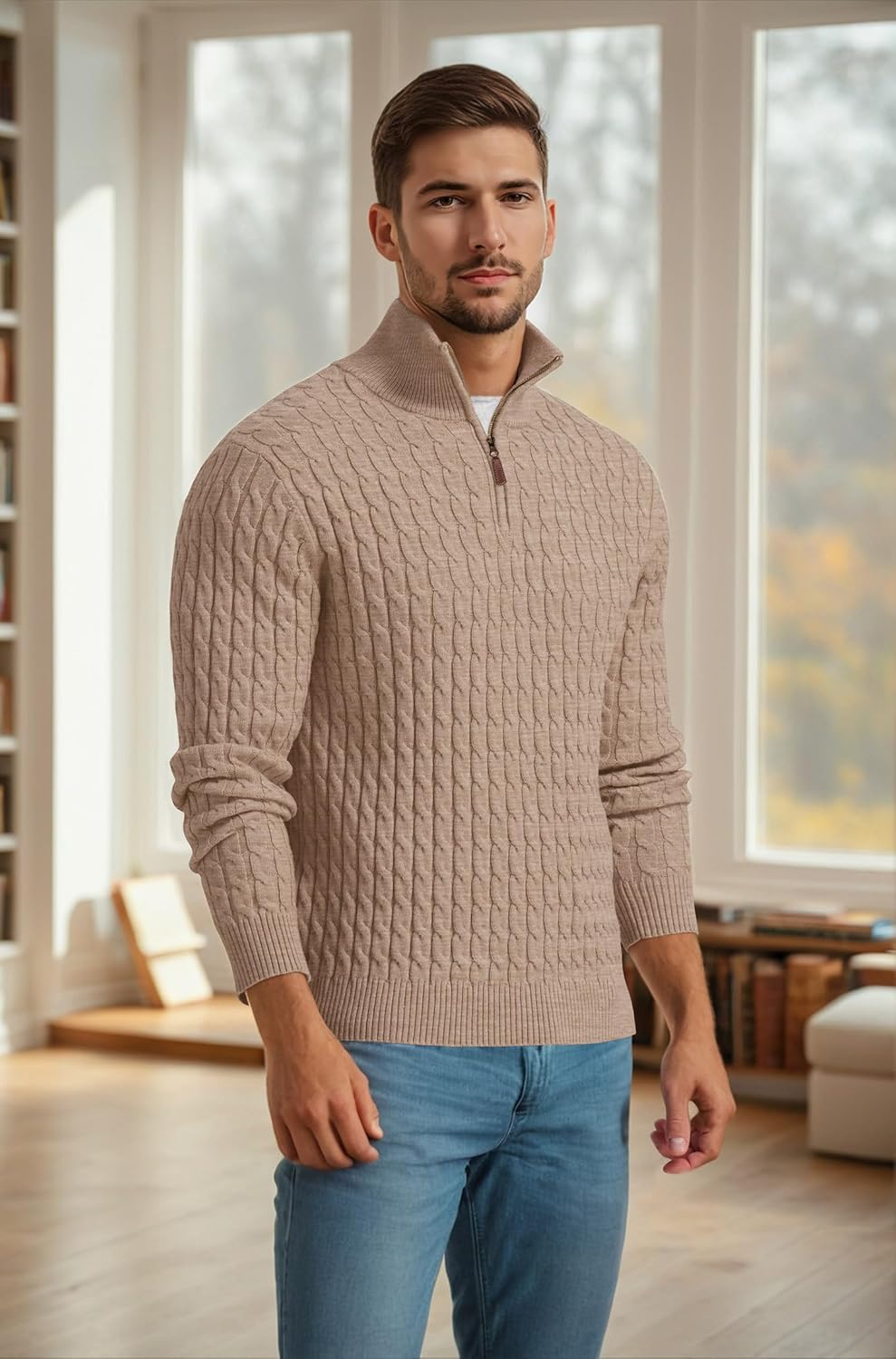 Askdeer Men's Cable Knit Sweater Quarter Zip Sweater Mock Neck Polo Sweater Casual Pullover Sweater with Ribbing Edge - Image 3