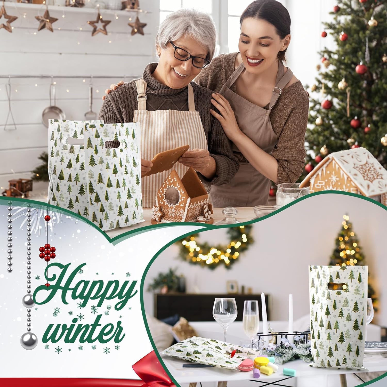 GliCraft 100 Pcs Christmas Tree Gift Bags with Handle Green Plastic Xmas Tote Bag Bulk for Party Packaging Goody Snack Holiday Wrapping Winter Wedding Birthday Decoration Favors Supplies, 9.84''x6.5'' - Image 6