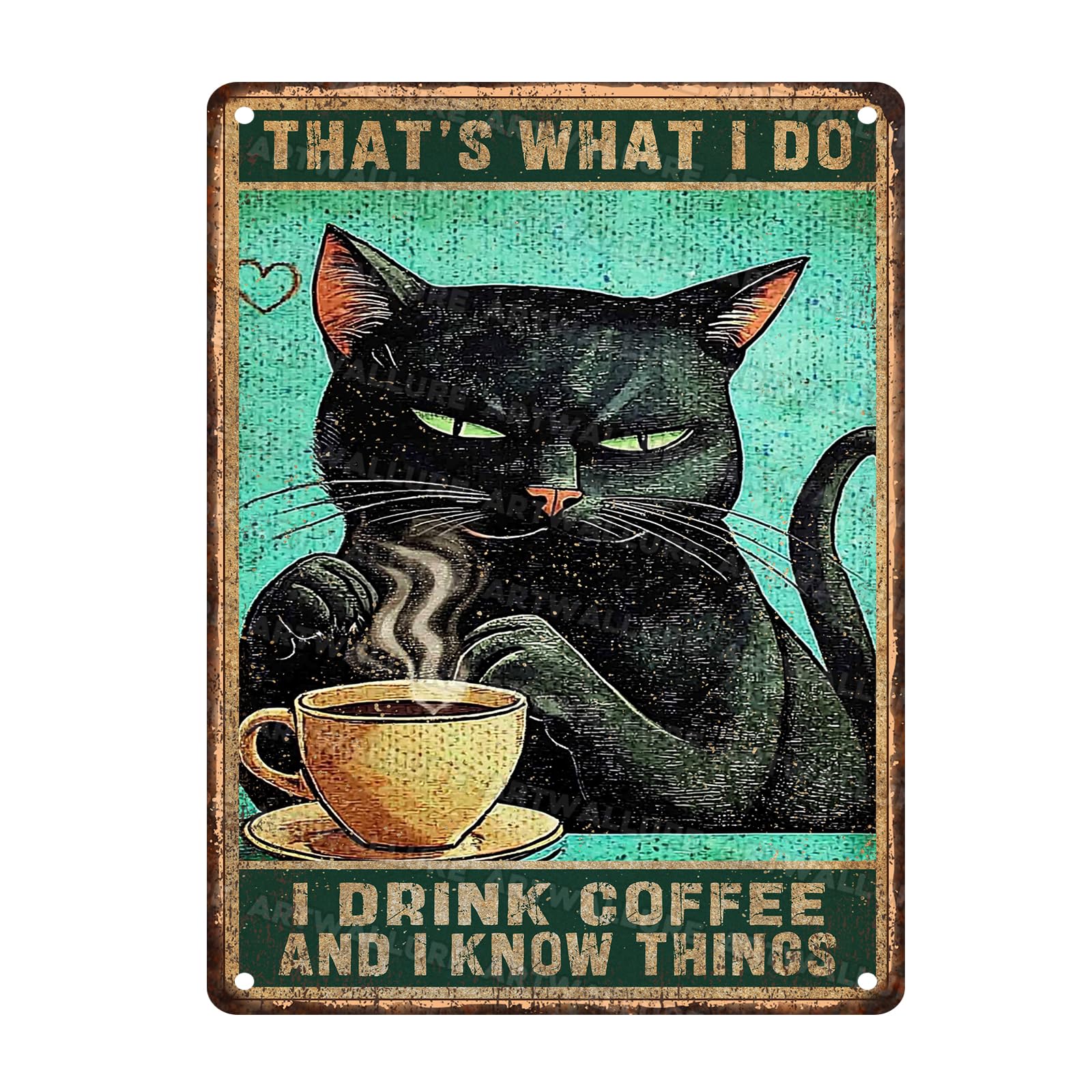 Vintage Cat Drinking Coffee Tin Sign Rustic Metal Wall Art Humorous Bathroom Decor Iron Painting For Cat Cafe Inspired Spaces 12x16inch