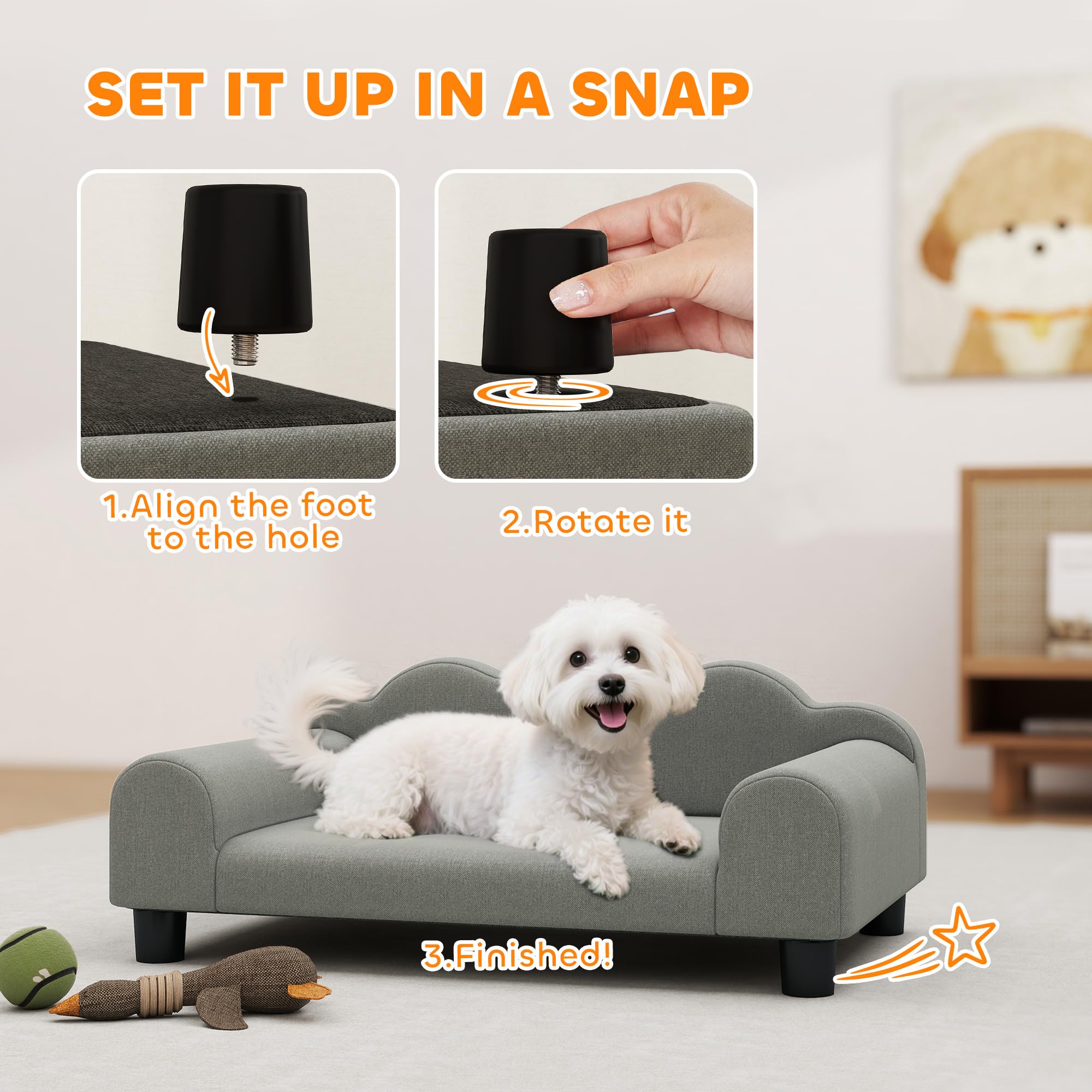 PawHut Canapé pour Petit Chien avec accoudoirs, Bois et Tissu éponge, 66x42x28.5 cm, Gris