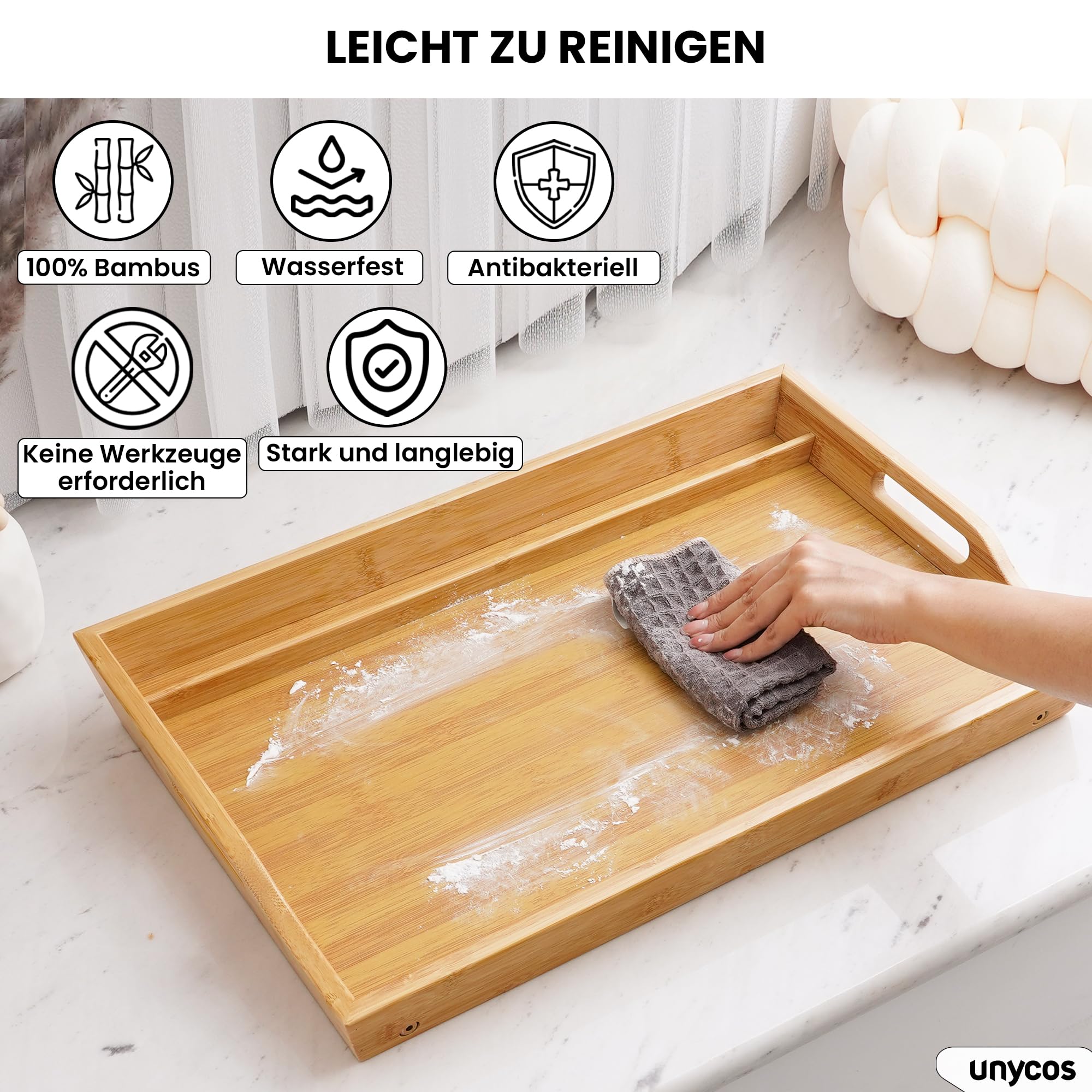 unycos - Frühstückstablett Bambus Klappbar 55 x 35 x 24,8 cm, Betttablett mit hohem Rand und Tragegriffen, Serviertablett fürs Bett und Sofa, Laptoptisch zum Lesen und Frühstücken (Arbeitstisch)