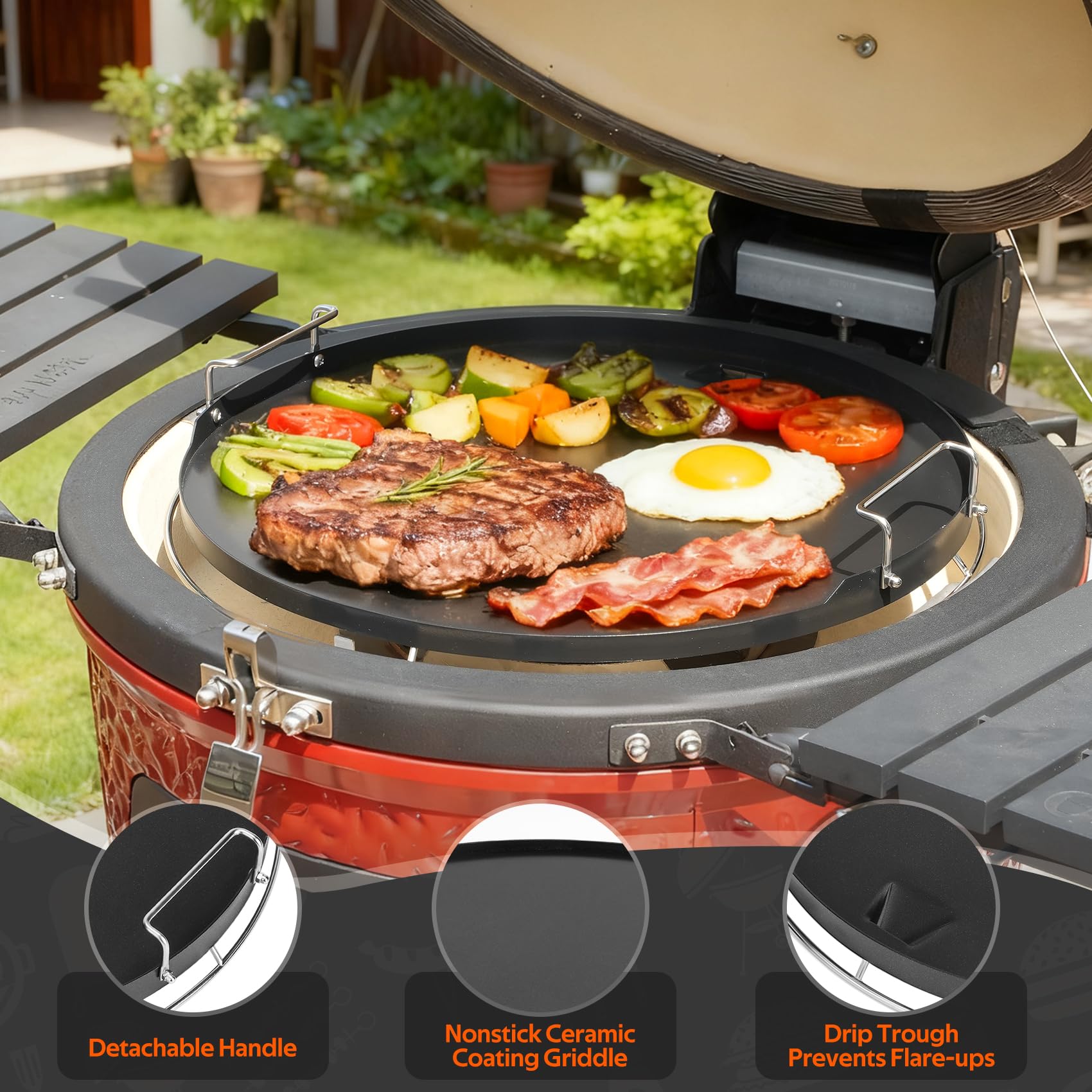 onlyfire Płyta grillowa w kolorze ceramicznym, plancha ze zdejmowanym uchwytem, do dużych dużych dużych zielonych jajek, Kamado Joe Classic i innych okrągłych grilli na węgiel drzewny, 47 cm