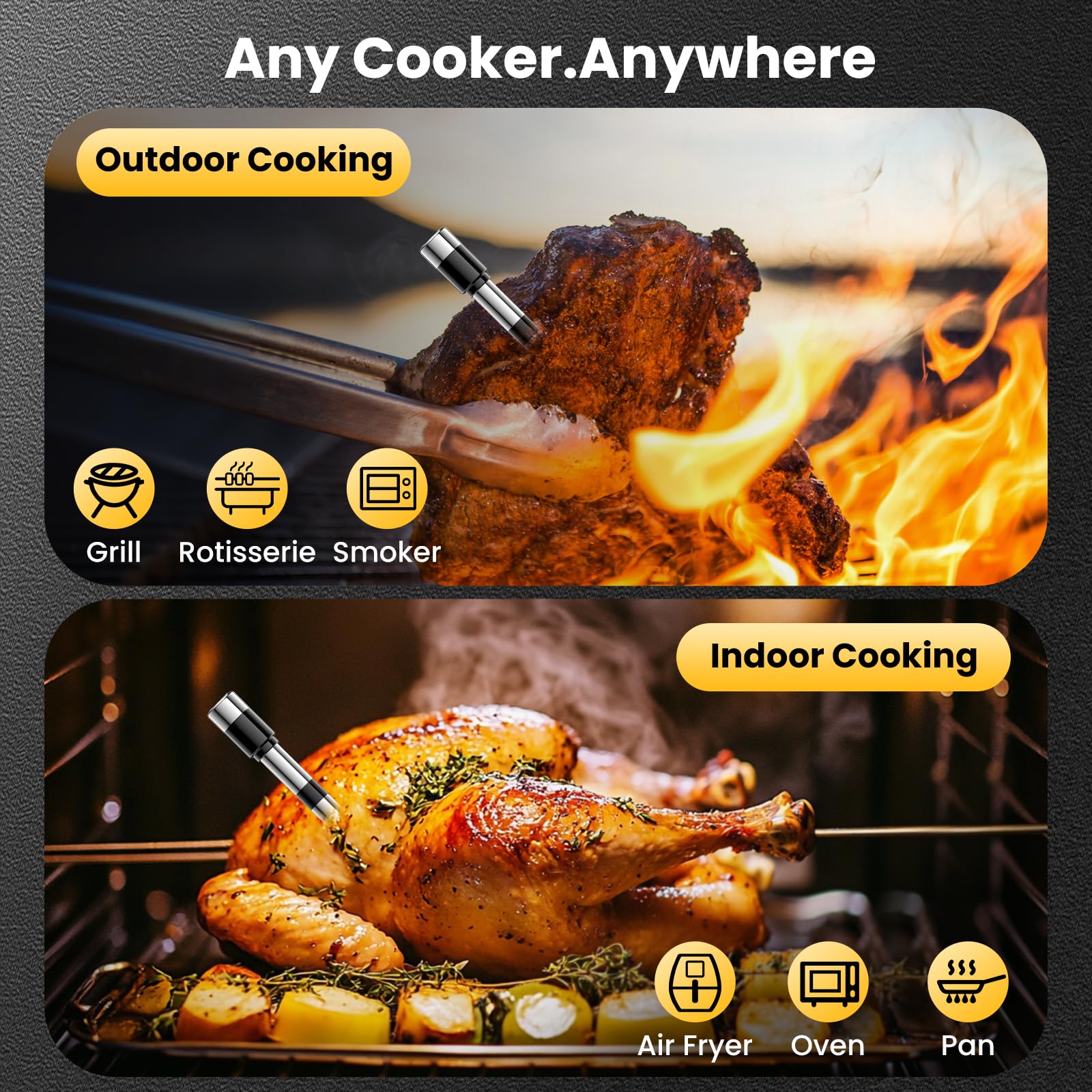 Termometro Cocina, 243M Bluetooth Termometro Digital Cocina Inalámbrico con Aplicación, IP67 a Prueba de Agua Meat Thermometer Con pantalla LCD, Función de Alarma, Ideal para Parrilla, Horno, BBQ