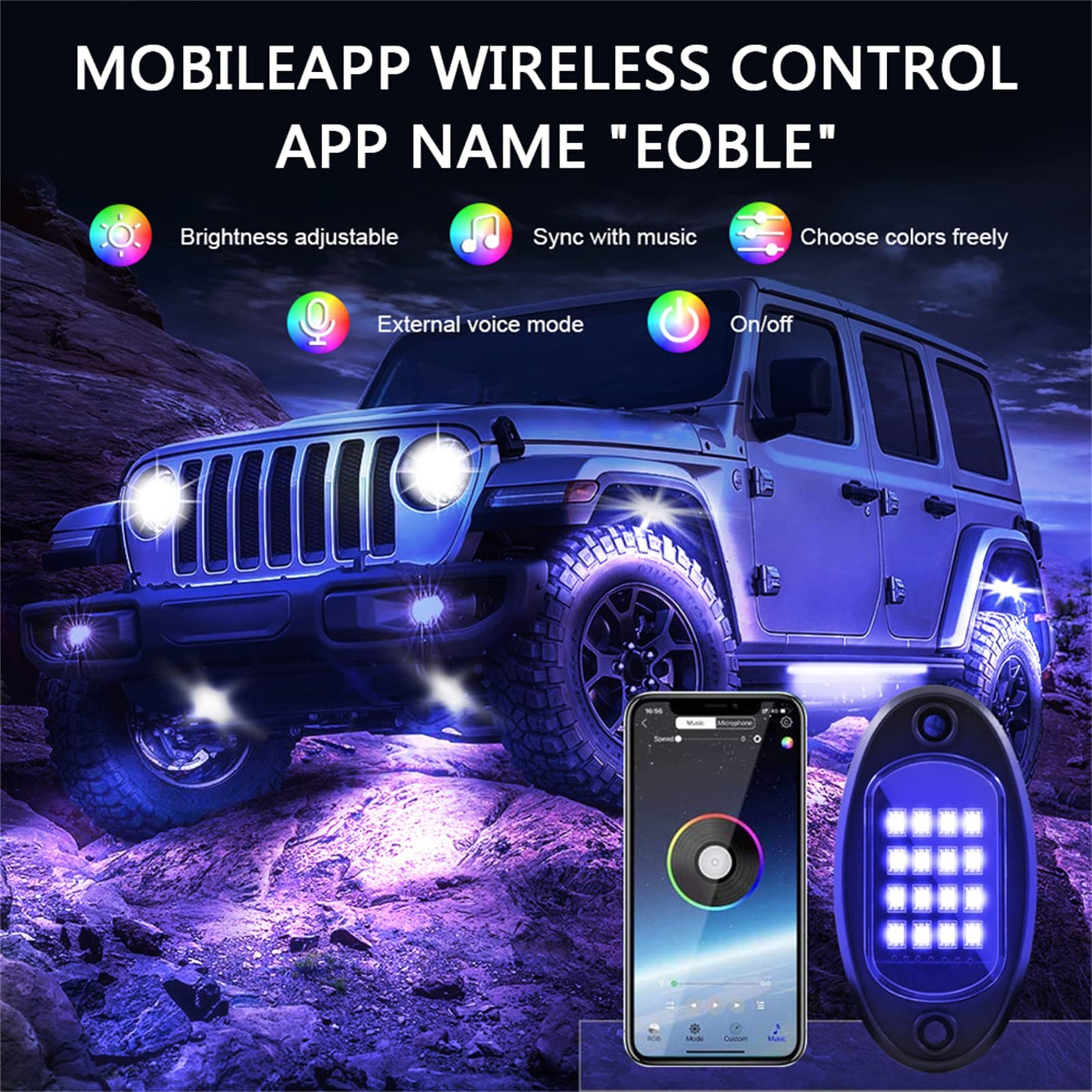 RGB LED Rock Lights, Multicolor Neon Underglow Kit De Iluminación Con APP Control Remoto Chasis Lámparas De Música Decorativas Modo De Control Para Camión UTV SUV, Resistente Al Agua,4 pcs